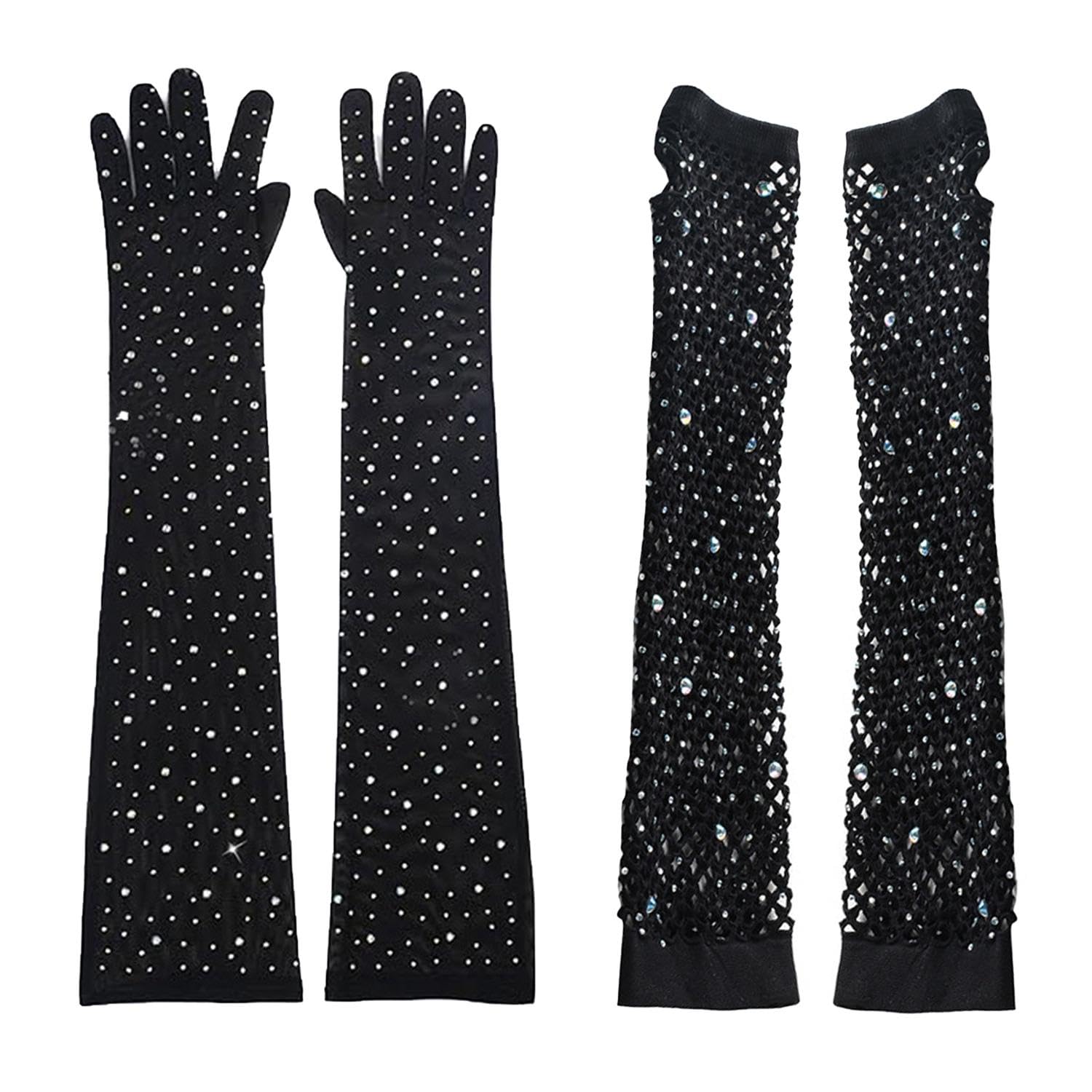 Nidhfg Unisex Black 2 Pairs Of Women's Long Gloves, Rhinestone Decorative Gloves, Mesh Gloves, Ele Gloves, Bridal Gloves.