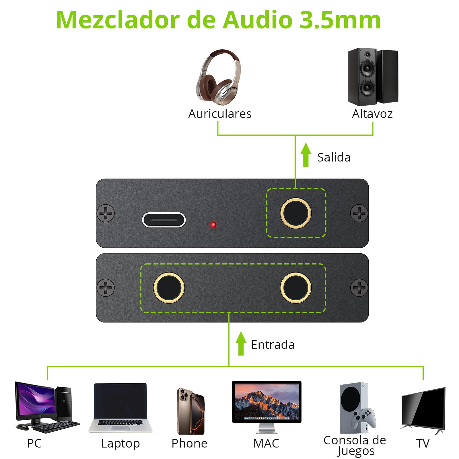 LiNKFOR Mini Mezclador de Audio 3.5mm de 2 Canales,Mezclador Activo con con Control de Volumen para PC/Altavoz/Amplificador/Teclado Electrónico