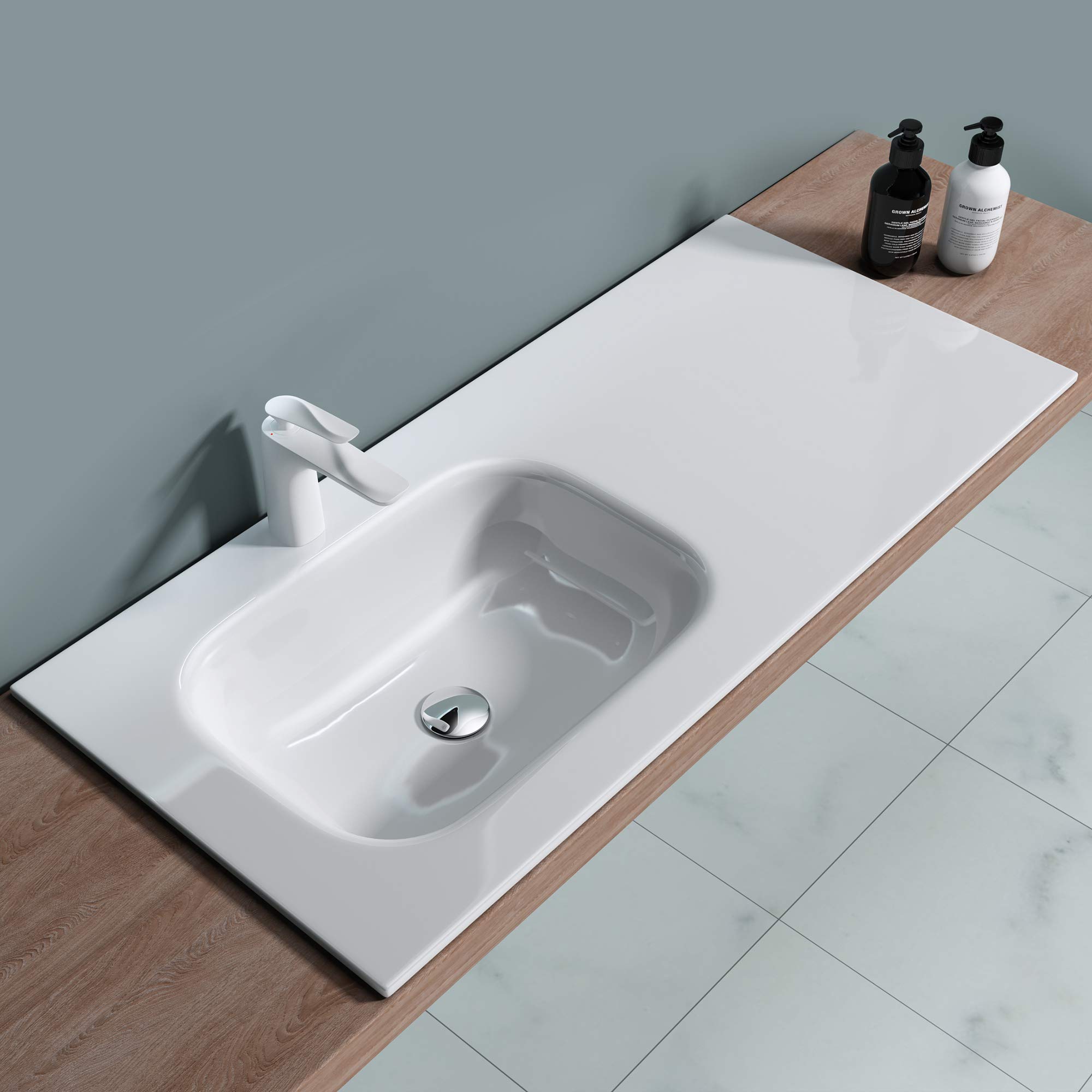 doporro Lavabo empotrado/encastrado de diseño Colossum04 de 100 cm con gran espacio de almacenamiento de mármol mineral fundido | Blanco para cuarto de baño, Colossum04
