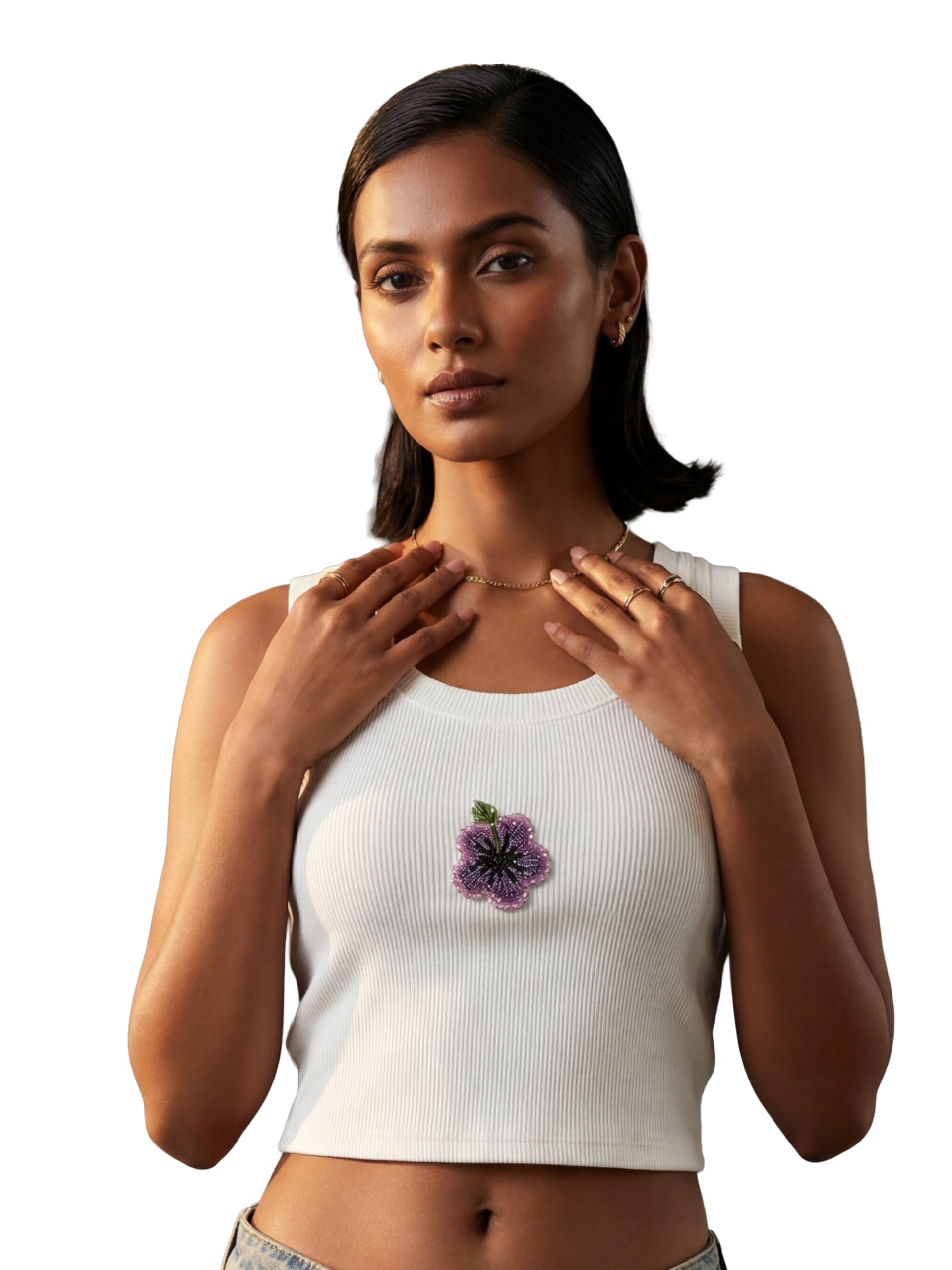 the style studio Women's Rib-Knit Fitted Tank Top - Aesthetic Cotton Sleeveless Crop Top with Hand-Finished Purple Floral Patch-picture-55