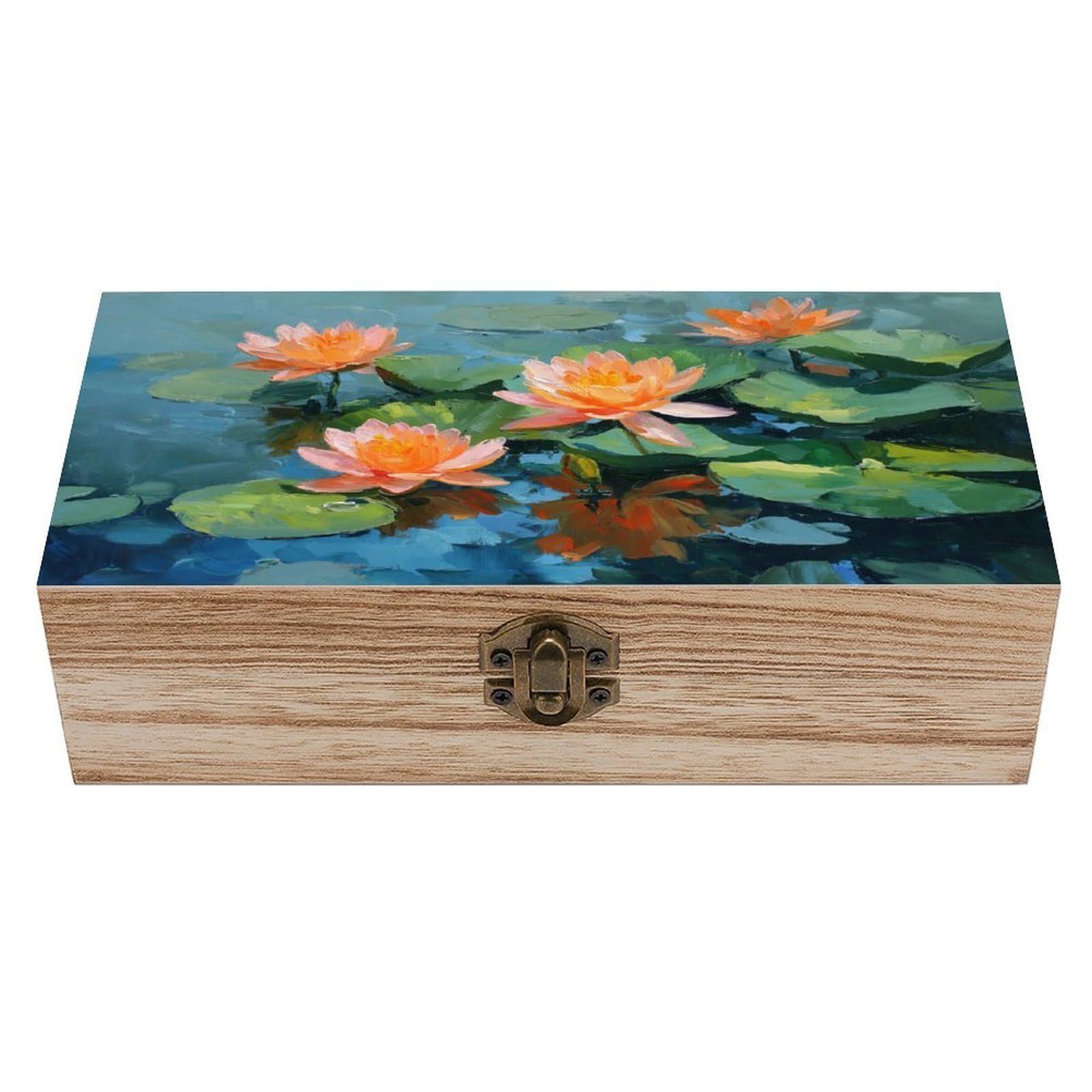 Ahdyr As Pic Water Lilies In Peach And Orange Wooden Storage Box With Hinged Lid And Front Clasp Large Keepsake Box