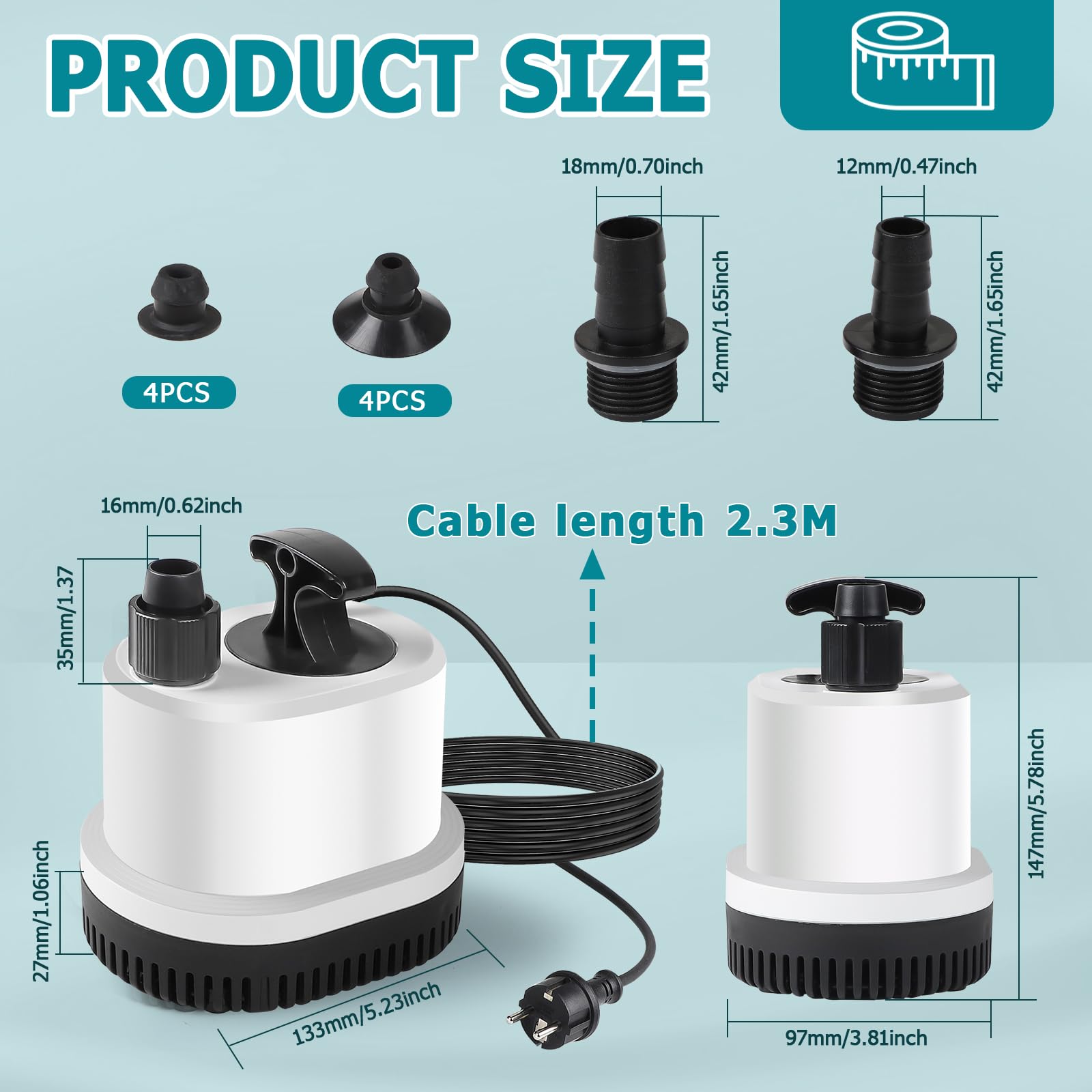 EXLECO Mini Bomba de Agua Sumergible Bomba Aguas Sucias Max.2500L/H 40W 220-240V Bomba de Estanque Ultra Silenciosa Bomaba Acuario Pequeño Bomaba Fuente con 2,3M Cable 3 Boquillas para Jardín Etanques - 2