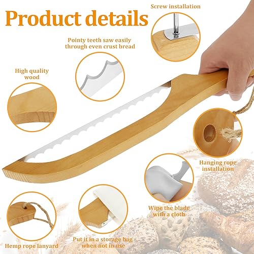 Miniatura 10 de Cuchillo de lazo de pan de madera, cuchillo de pan de masa madre de 15.7 pulgadas para pan casero, cuchillo de bagel dentado de acero inoxidable con