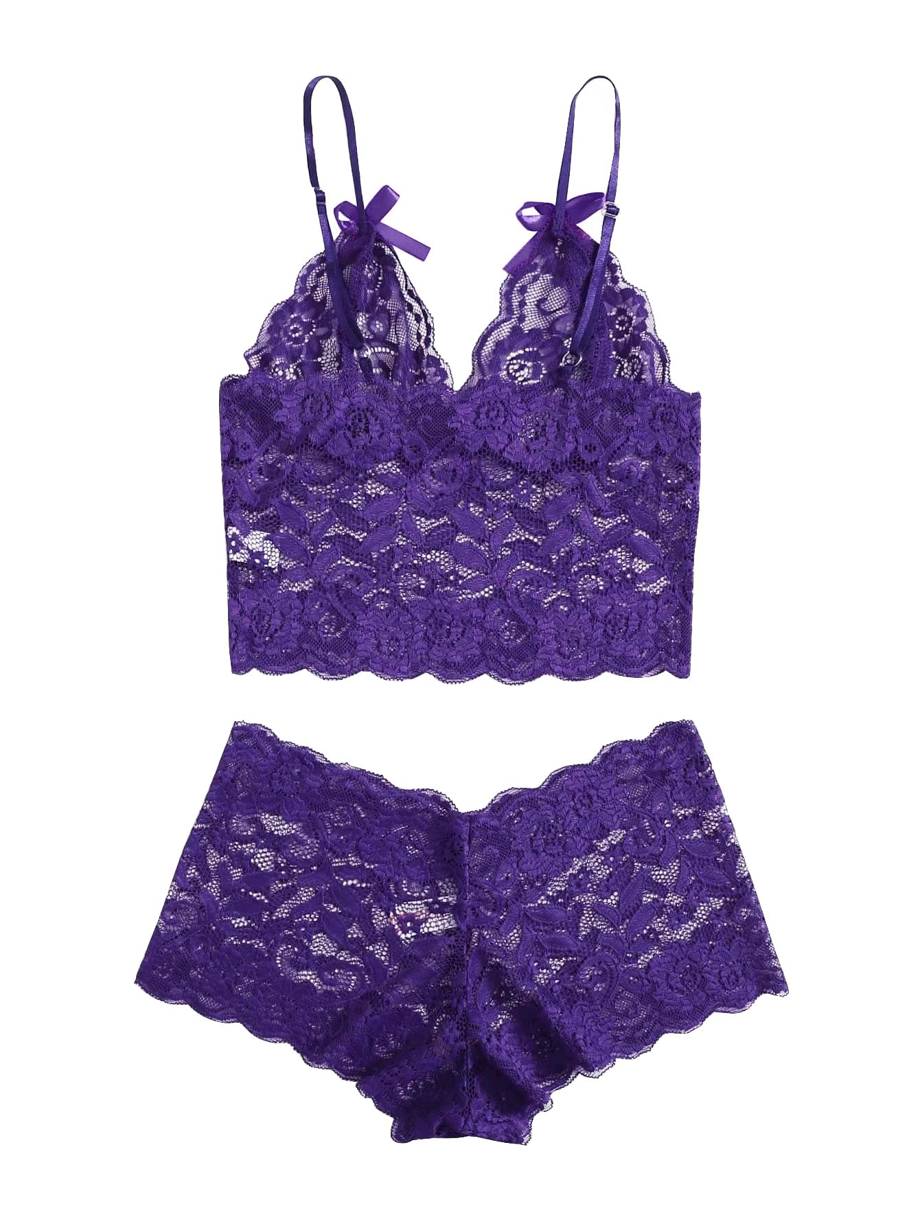 Lilosy Sexy Sheer Floral Lace Pajamas Lingerie Set High Waist Sleepwear Bra and Panty 2 Piece Nightwear: Small Bow Ties Purple