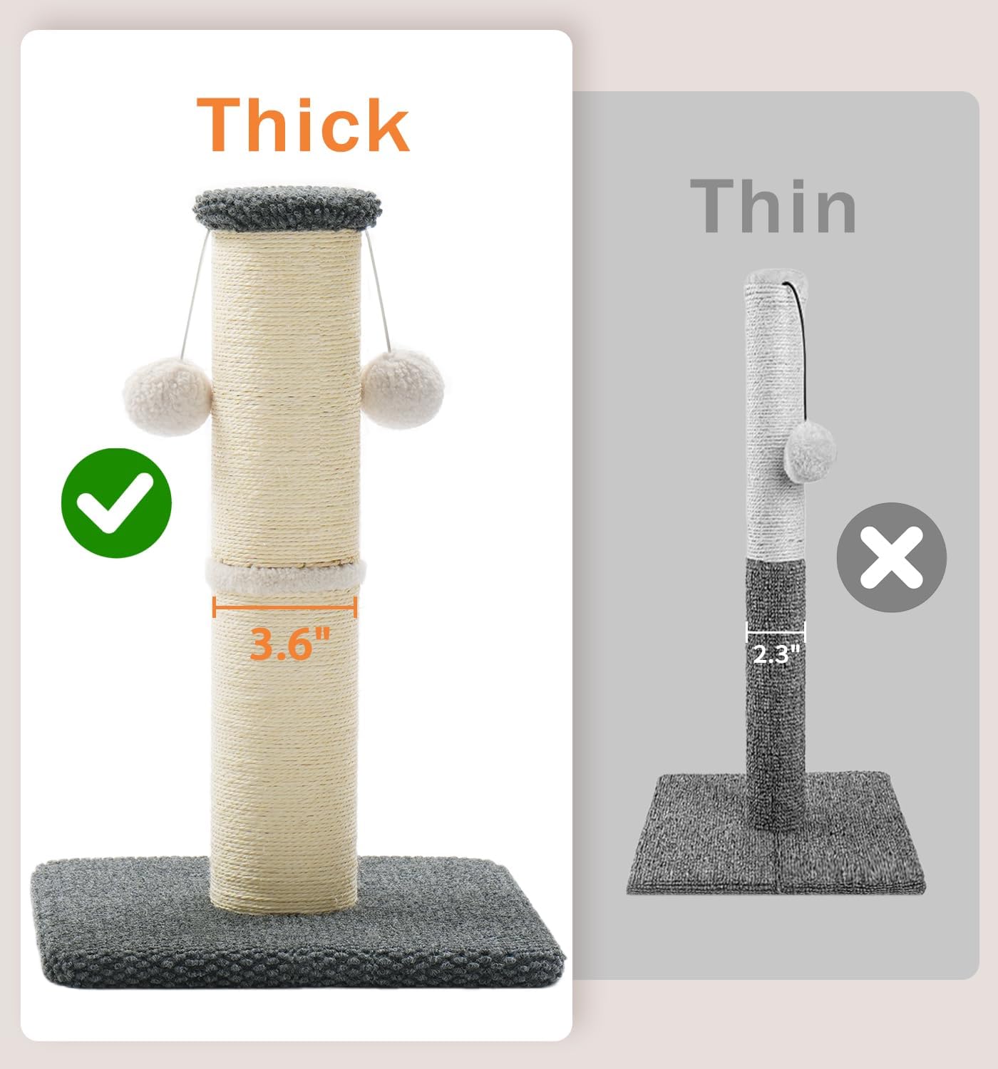 Made4Pets Tall Cat Scratching Post, 23.6" Natural Sisal Cat Scratcher with Hanging Balls, Heavy Duty and Thicker Scratching Post for Indoor Cats Adults, Sturdy Base Cat Scratch Post, Dark Grey