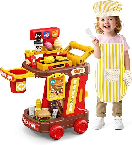 Juego de cocina para niños, juego de comida de restaurante para niños pequeños con carrito, parrilla y delantal, accesorios de cocina con luces y