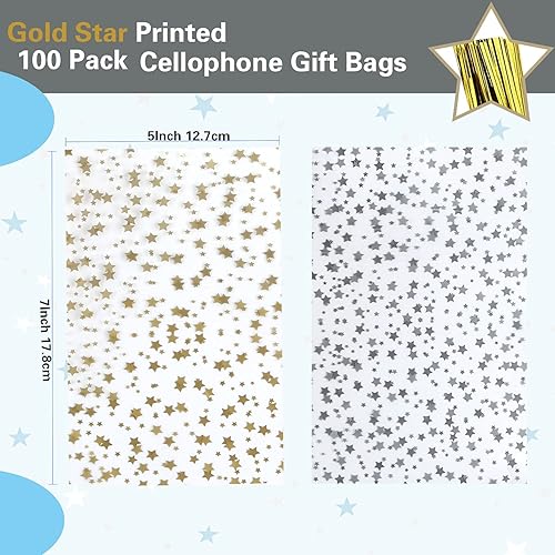 Miniatura 2 de COQOFA 100 bolsas de regalo de celofán con estampado de estrellas de 5 x 7 pulgadas, bolsas de regalo de celofán para fiestas, bolsas de plástico