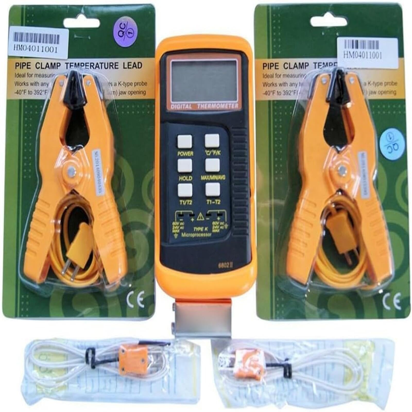 1 termómetro digital de 2 vías tipo K, sensor de temperatura de doble canal K tipo digital, termómetro 6802 II, 2 abrazaderas de tubo