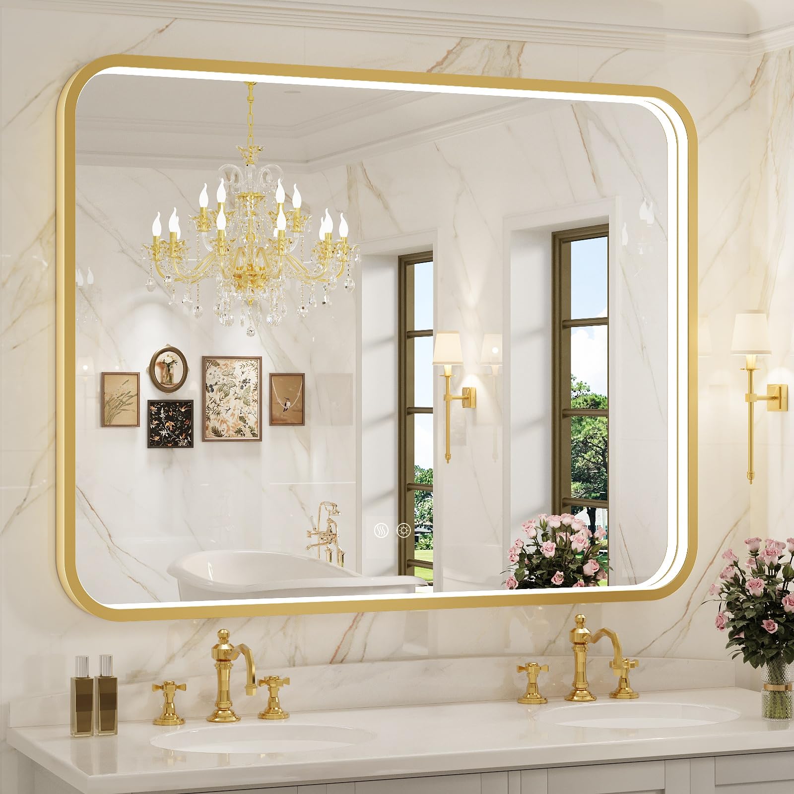 43X36 Inch Framed LED Lighted Bathroom Mirror,Wall Mounted Gold Metal Vanity Mirrors with Lights,Dimmable Illuminated Anti-Fog Mirror(Horizontal/Vertical)