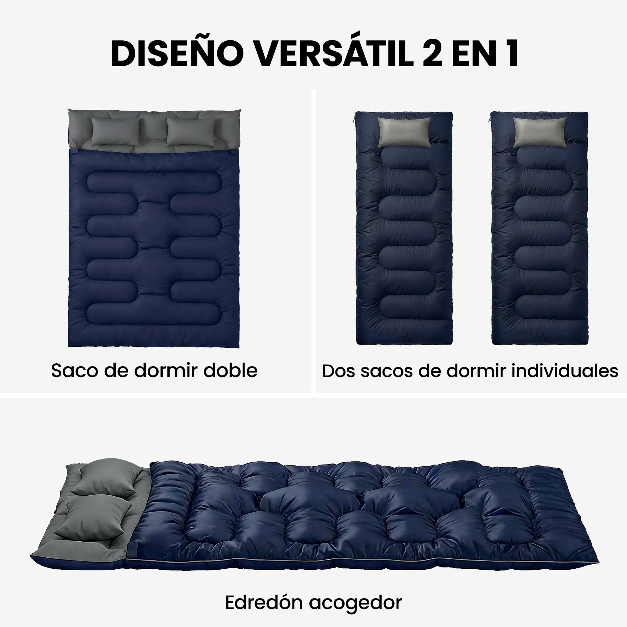 Outsunny Saco de Dormir Doble Adulto, Ligero, Tamaño Queen para 2 Personas 3 Estaciones, Saco de Dormir Rectangular con 2 Almohadas y Bolsa Transporte, para Días Fríos, Acampar, Senderismo Azul Oscuro