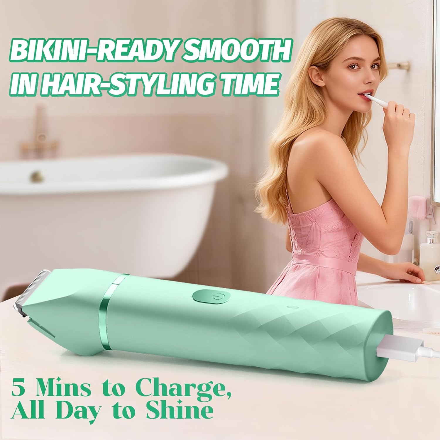 Bikini Trimmer for Women, IPX7 Waterproof, Painless Rechargeable Electric Razor Remover, 2-in-1 Facial & Pubic Hair Removal for Sensitive Skin, Portable Travel Size, Women’s Gift, Green - Image 7