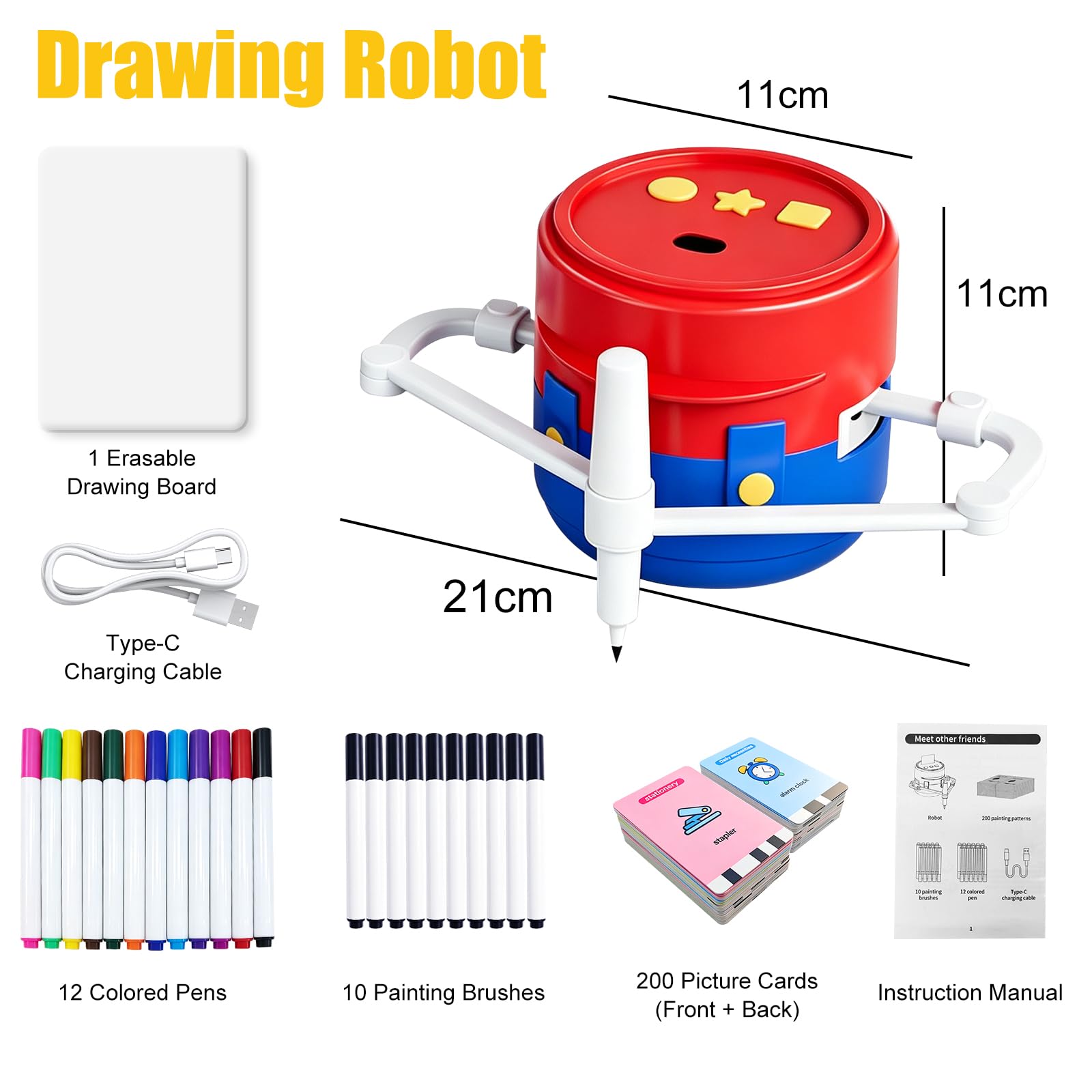Robot da disegno per bambini, set magico da colorare con 22 penne e 200 carte educative, guida vocale, giocattolo Montessori, età 3-8 anni, versione inglese