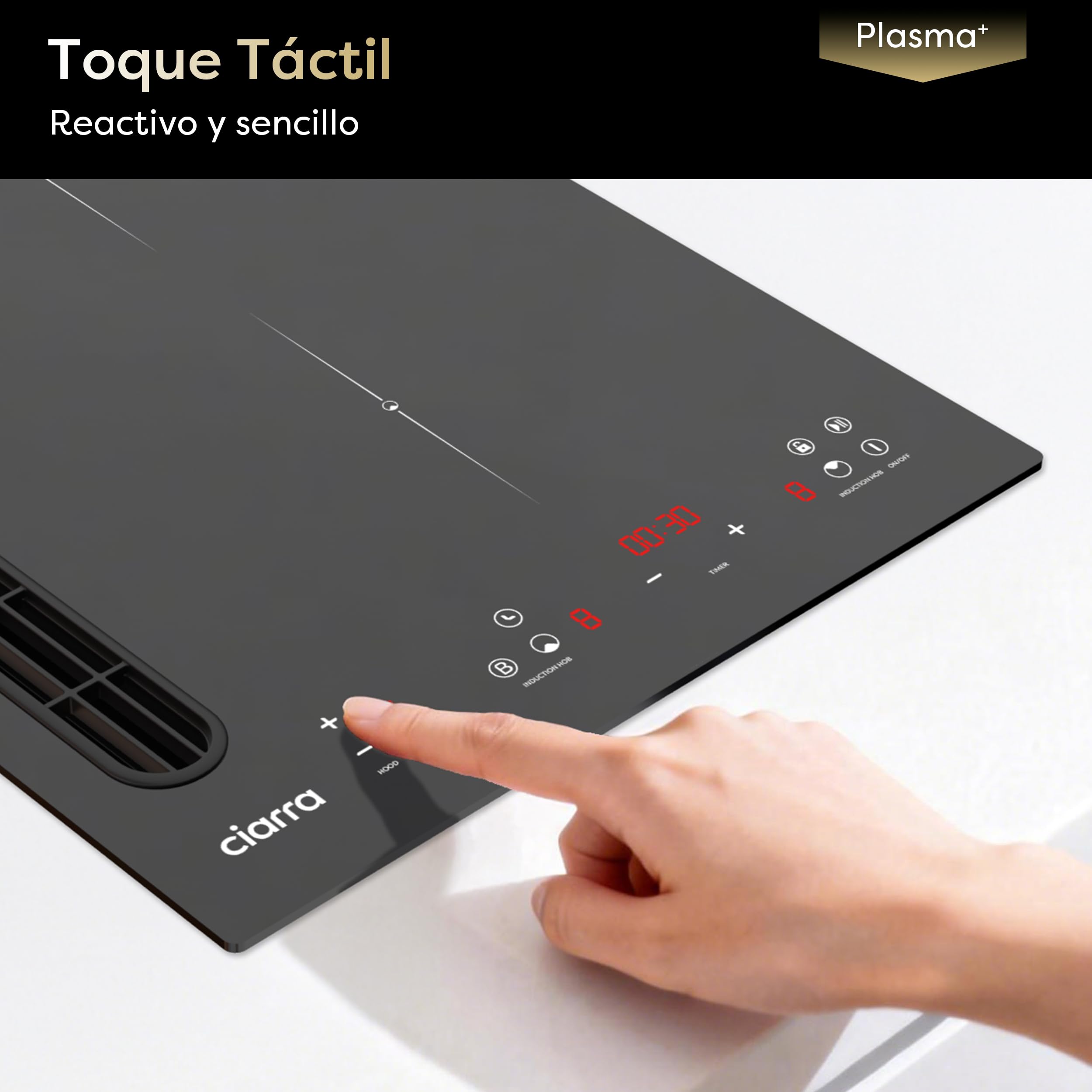 CIARRA CBBEH392B Placa Inducción con Extractor Integrado 39cm | Placa de inducción 2 placas| 3200W | Booster | Filtración por Plasma Avanzada, Booster, Función Pausa, Bloqueo Infantil