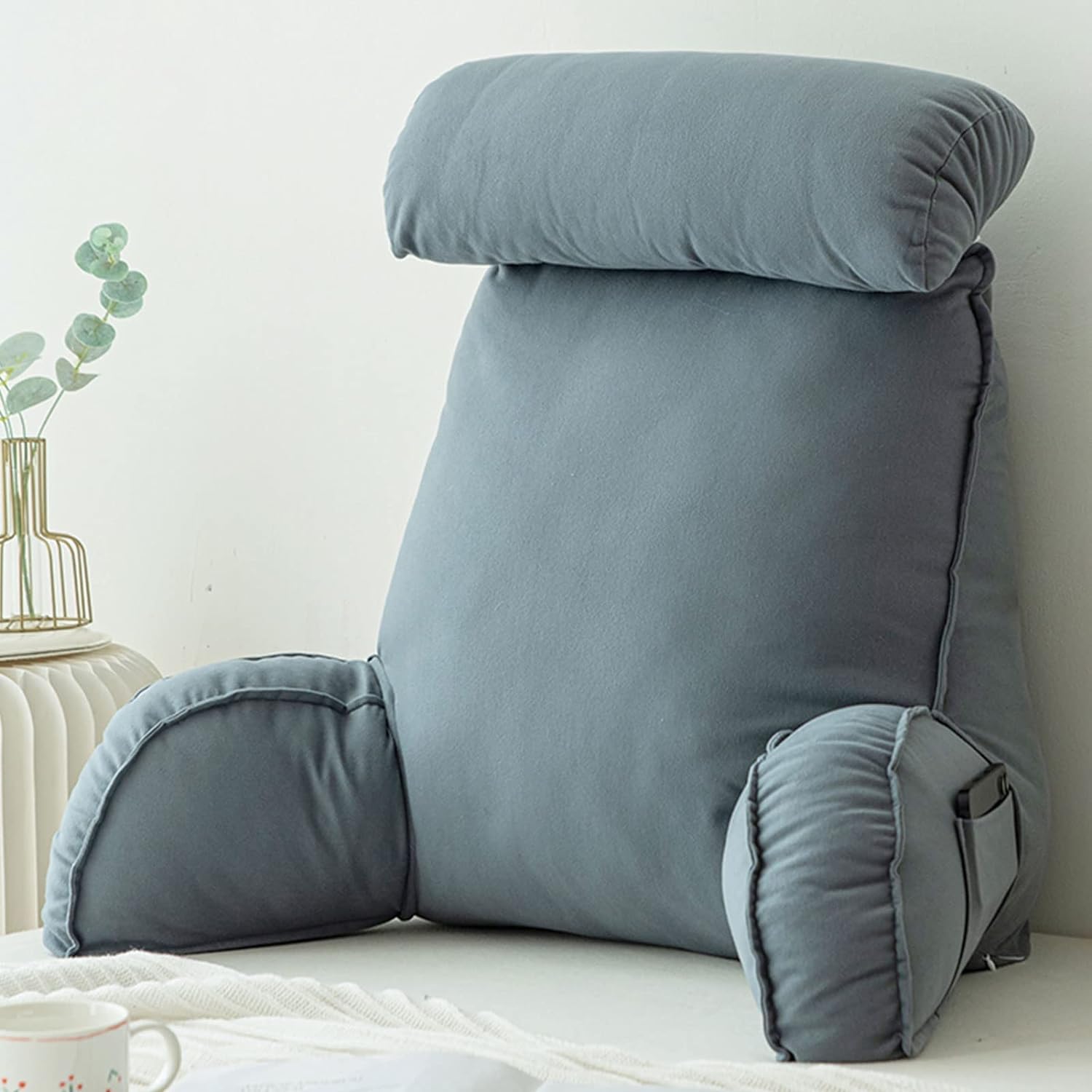 WINARA Almohadas de Lectura,CojíN para La Cintura con Reposabrazos,Cojín Apoyo para La Espalda,para Trabajar,Leer o Jugar en la Cama/Sofá/Suelo (Blue Gray)