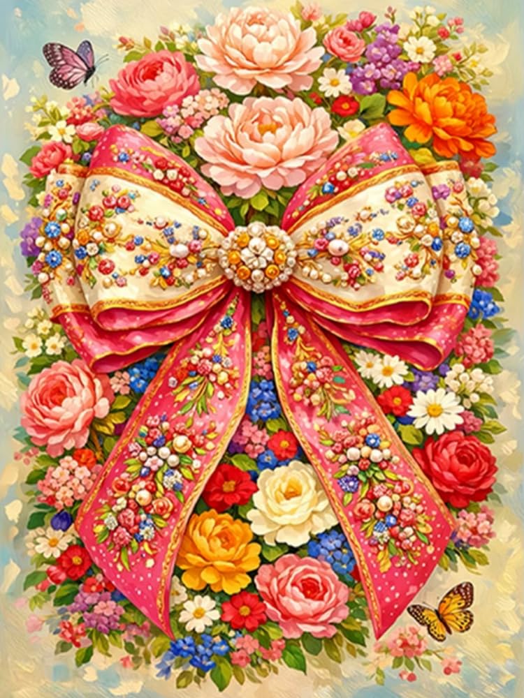 Eiialerm Cross Stitch Kits for Adults Floral Bow 11CT Pre-Printed Pattern Stamped Cross-Stitching Embroidery Kit Needlework Gifts 16x20 inch