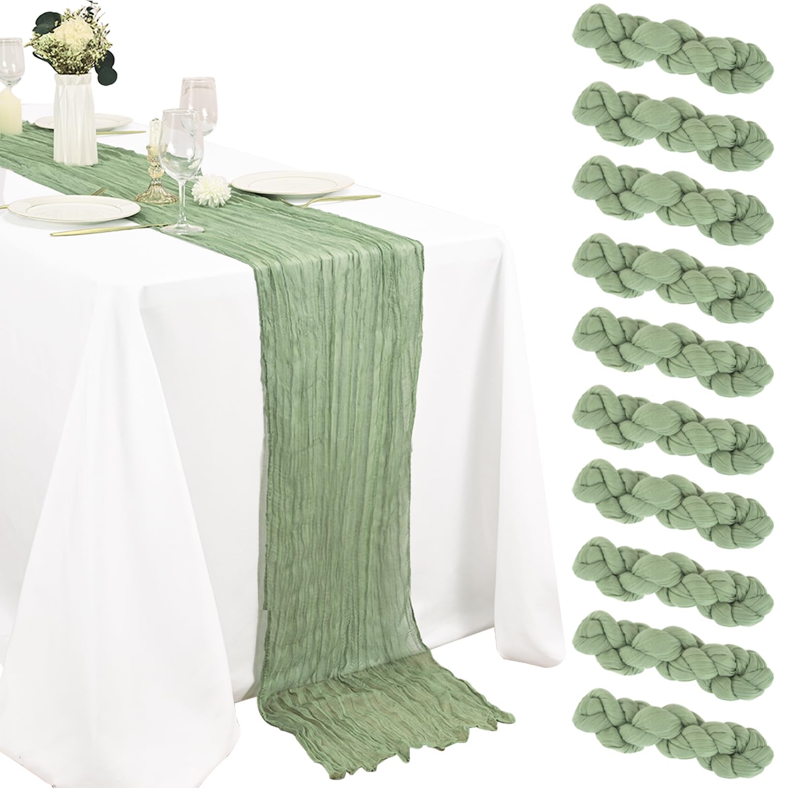 View 1 of 10 Pack Sage Green Cheesecloth Table Runner 10FT Boho Gauze Fabric Cheese Cloth Table Runners for Wedding ,Party,Baby Shower, Bridal Party, Rustic Farmhouse and Table Decorations