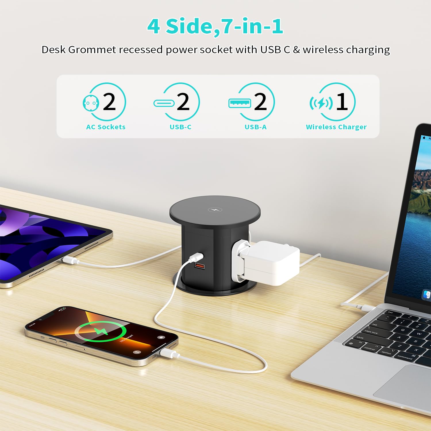 Enchufe retráctil de 2 enchufes con 2 USB-C, 2 USB-A, D 85-95 mm