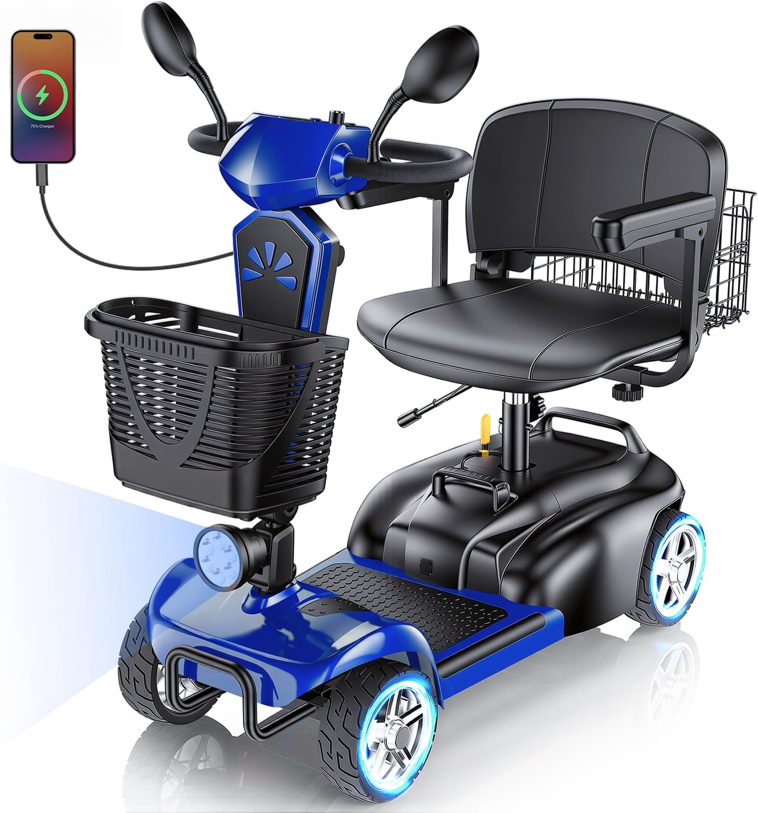 15/25/30/50Miles Eldryvon 4 Wheels Electric Mobility Scooter for Seniors, Dual Basket, 350W Powered Wheelchair with Rotating Seat, Mirrors, Foldable Motorized Scooter for Adults (Blue, 15Miles)