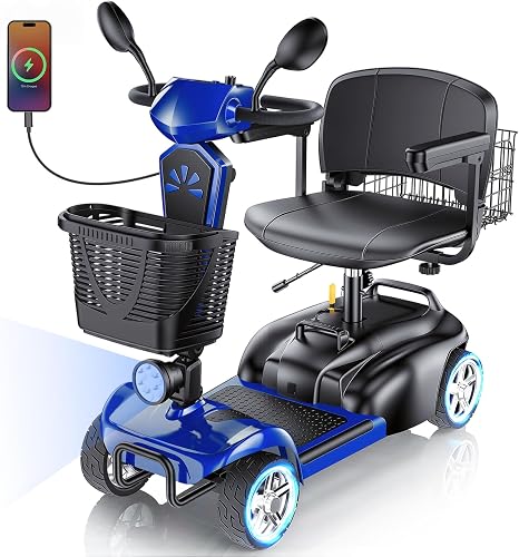 15/25/30/50Miles Eldryvon 4 Wheels Electric Mobility Scooter for Seniors, Dual Basket, 350W Powered Wheelchair with Rotating Seat, Foldable Motorized Scooter for Adults (Blue, 15Miles with Mirror) product image