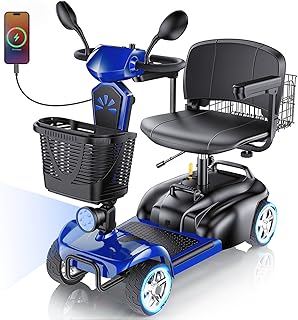15/25/30/50Miles Eldryvon 4 Wheels Electric Mobility Scooter for Seniors, Dual Basket, 350W Powered Wheelchair with Rotating Seat, Foldable Motorized Scooter for Adults (Blue, 15Miles with Mirror)