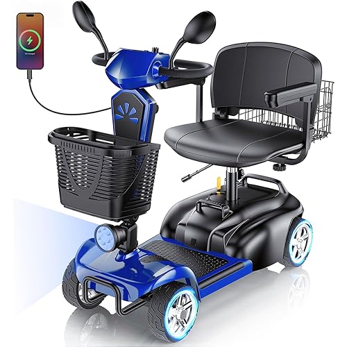 15/25/30/50Miles Eldryvon 4 Wheels Electric Mobility Scooter for Seniors, Dual Basket, 350W Powered Wheelchair with Rotating Seat, Foldable Motorized Scooter for Adults (Blue, 15Miles with Mirror)