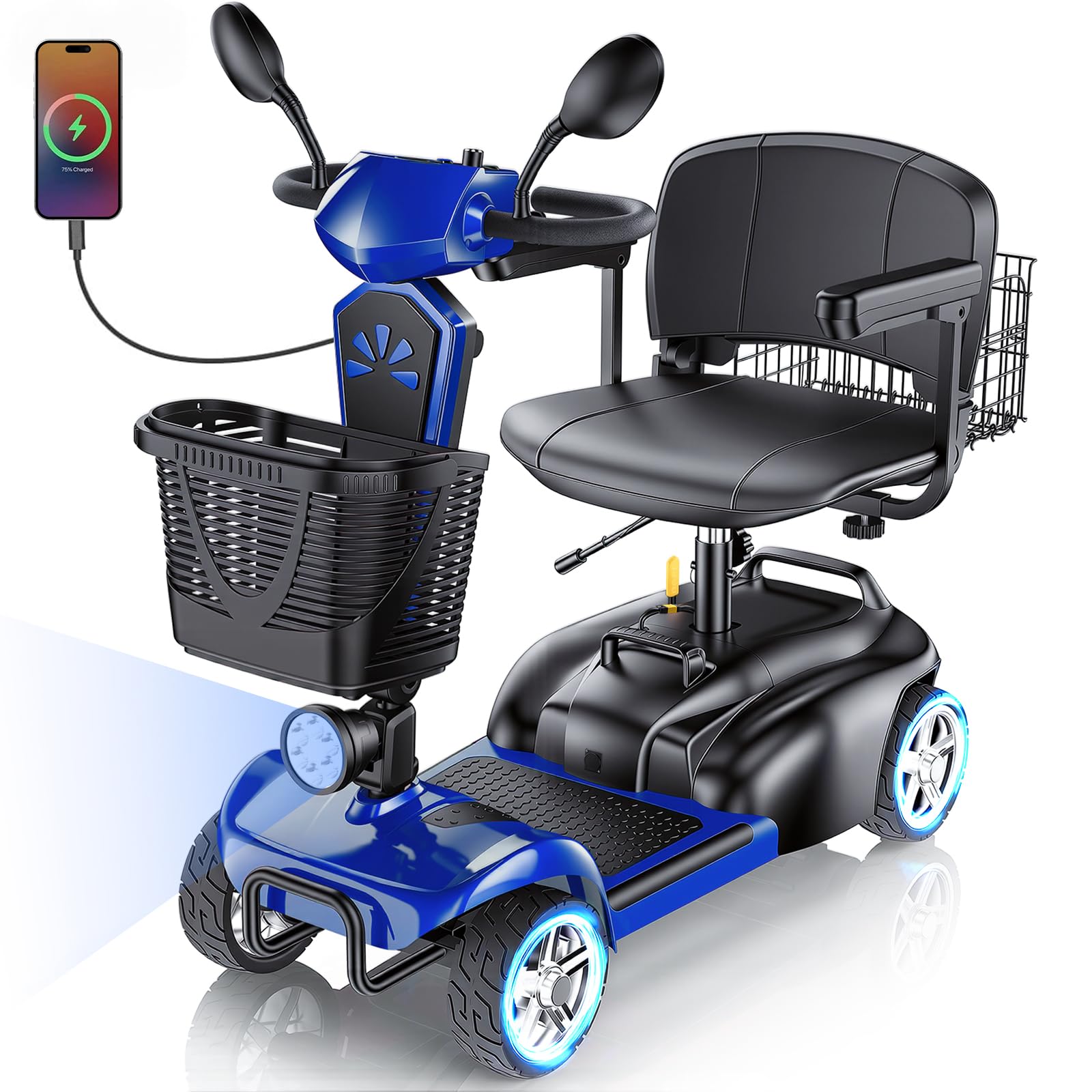 15/25/30/50Miles Eldryvon 4 Wheels Electric Mobility Scooter for Seniors, Dual Basket, 350W Powered Wheelchair with Rotating Seat, Foldable Motorized Scooter for Adult with USB Port, 300Lbs Capacity