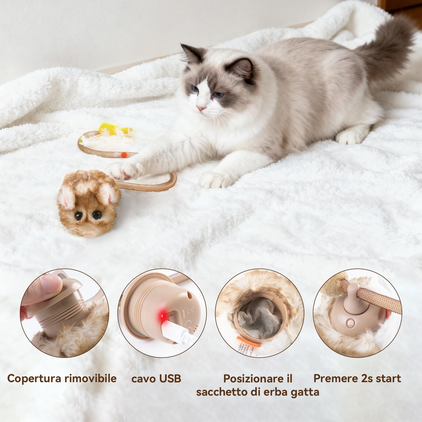 Migipaws Giocattolo interattivo per gatti, topolino elettrico con coda che si muove, sensore intelligente, squittio, giocattolo per gatti con erba gatta, ricaricabile