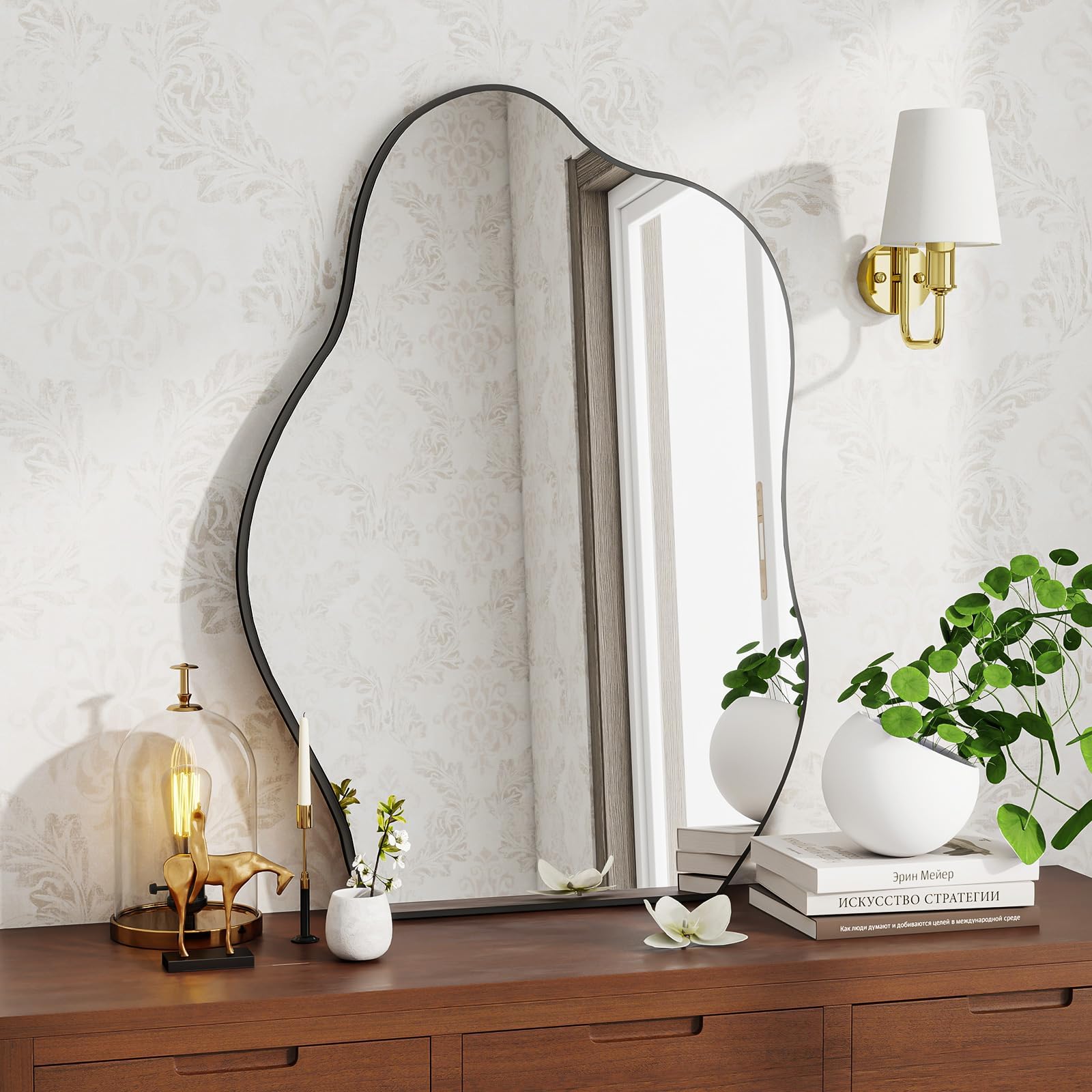 BEAUTYPEAK Asymmetrical Mirror, 24 x 32 Inches Irregular Wall Mirror, Wood Frame Unique Shape Wall Mounted, Decorative for Living Room Bedroom Entryway Hallway