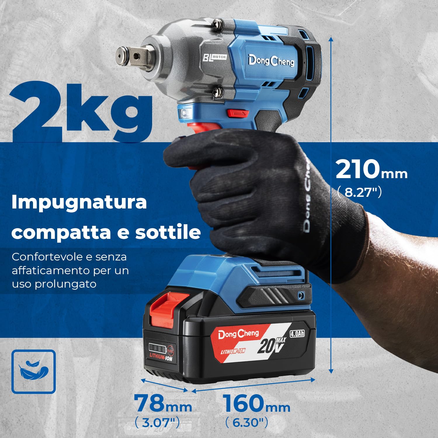 Dong Cheng Avvitatore a impulsi a batteria 20V con batteria da 4,0 Ah, motore brushless, attacco 1/2", cambio a 3 velocità, Per uso automobilistico e fai da te