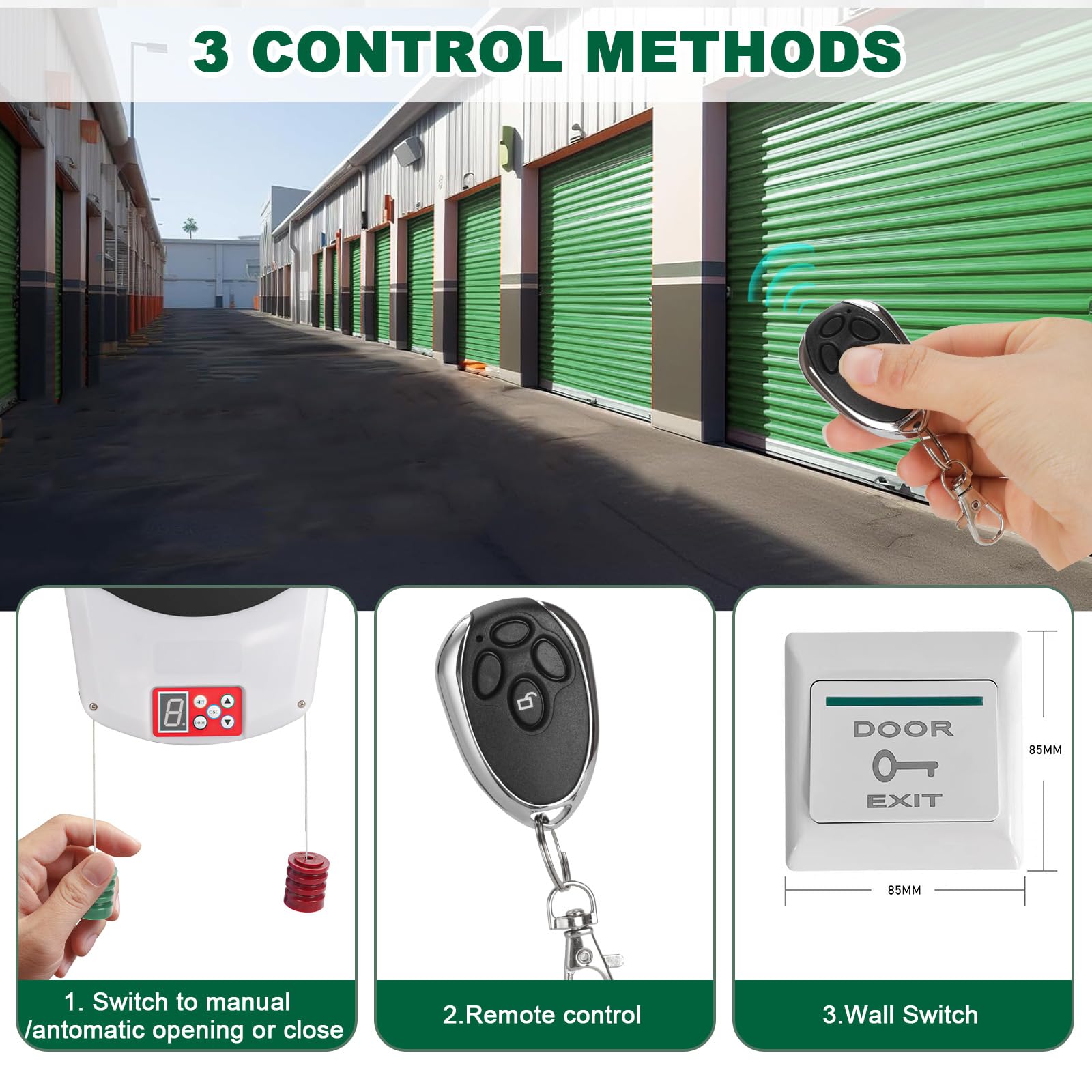 Abridor automático de puerta enrollable, 2 mandos a distancia comercial, garaje, granja, almacén, abridor de puerta con obturador enrollable eléctrico con motor potente de 1000 N, 22 m²