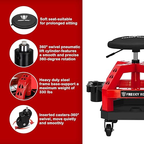 Miniatura 6 de Taburete de taller rodante con ruedas, taburete mecánico de trabajo de garaje resistente, altura ajustable 22.44"-28.94", silla rodante giratoria de