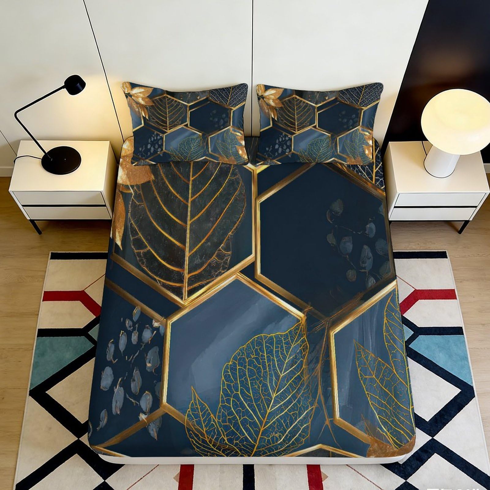 Geometric Leaf 3D Printed Fitted Sheet Microfiber Deep Pocket Non-Slip Bedroom Bedding Hexagon Leaf Mattress Fitted Cover 90x200x25cm