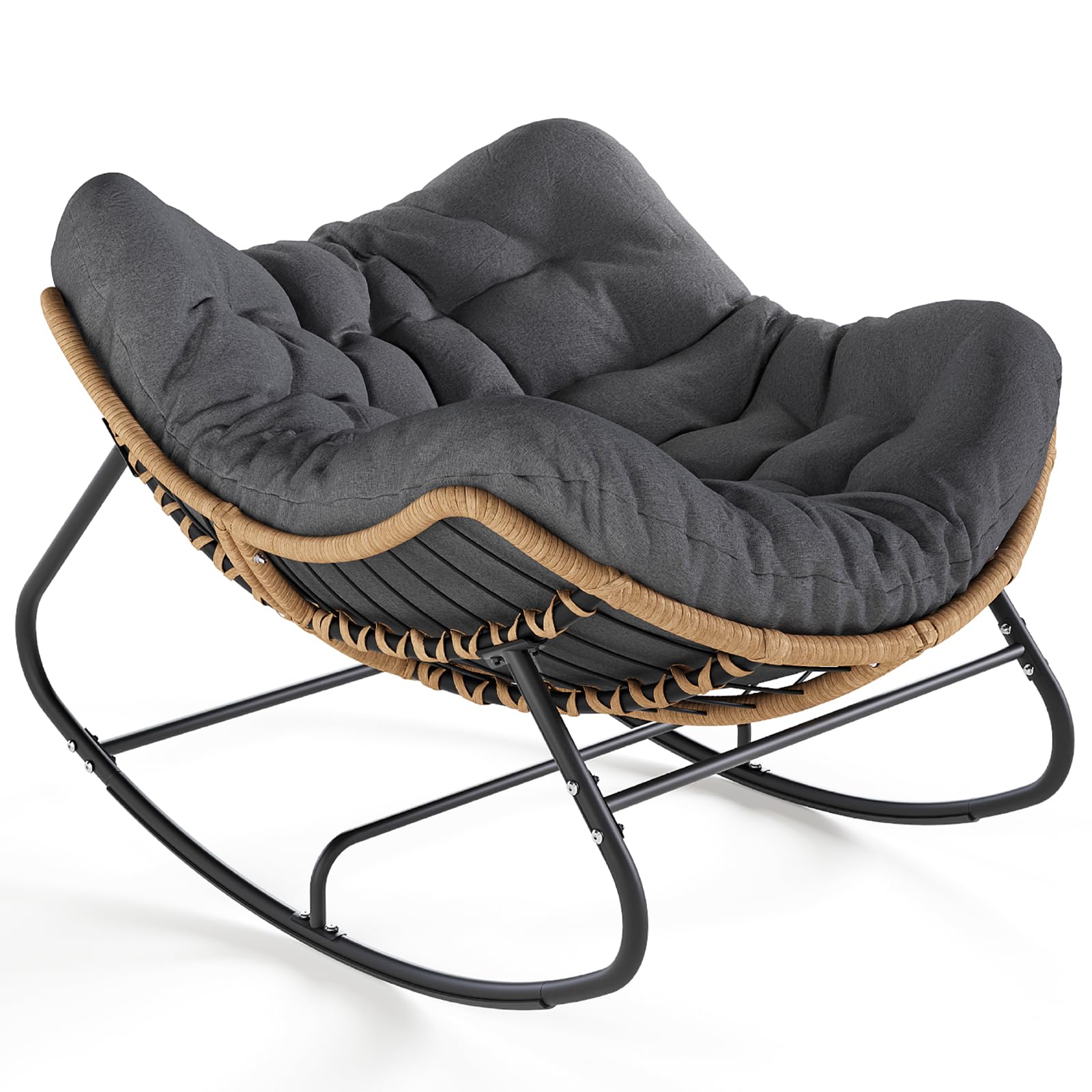 SWITTE Outdoor Rocking Chair, Oversized Patio Papasan Rocker, Comfy Wicker Reading Lounge, Indoor Egg Chair for Bedroom, Living Room, Porch, Garden, Lawn-Dark Grey