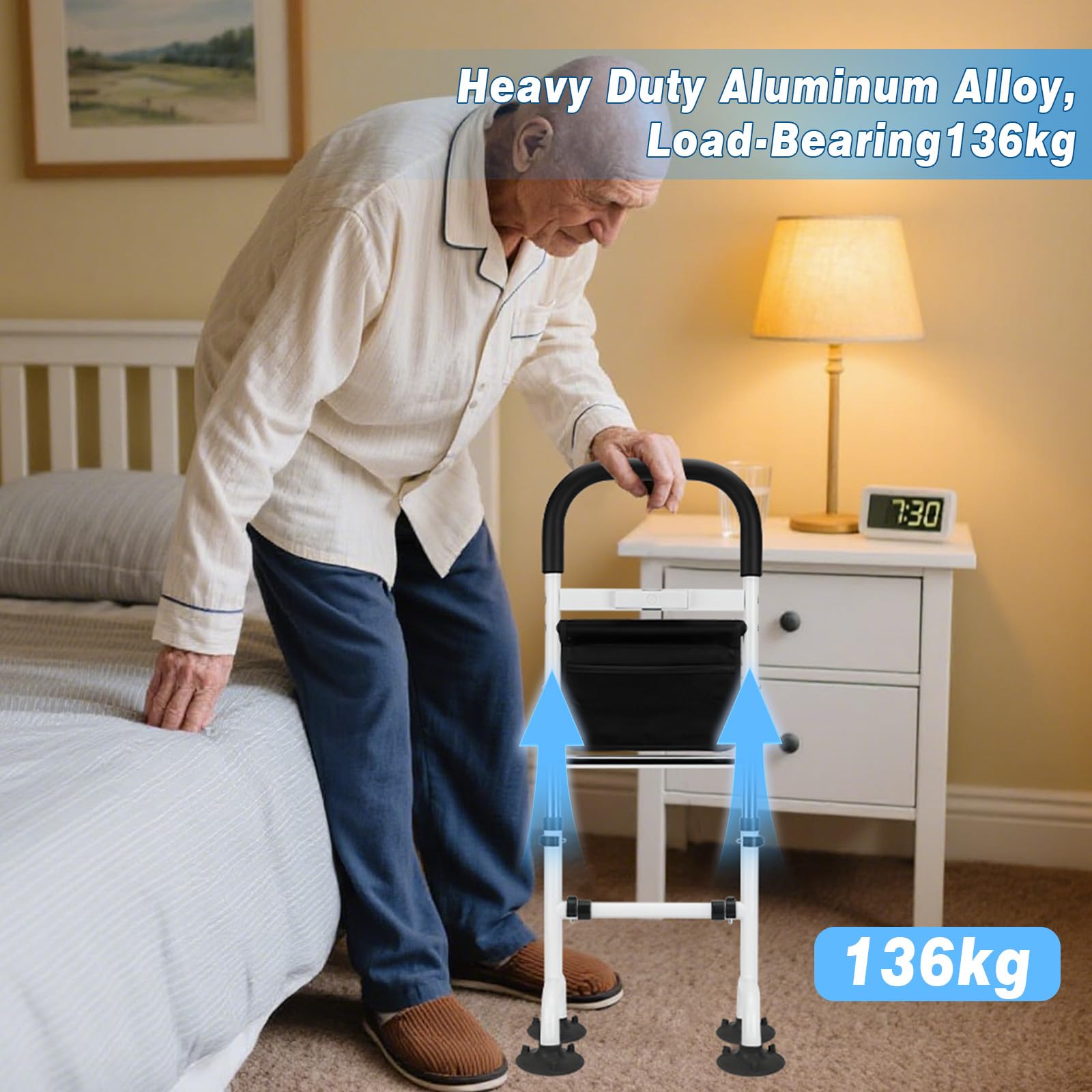 Ausili Alzarsi Letto 78-95CM Regolabili Supporto per Alzarsi dal Letto con Luce LED Capacità136KG Ausilio per Stare in Piedi su Divani, Letti, Accanto Alla Toilette per Anziani e Disabili