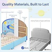 Vista 5 de Costzon Marcos de cama individual para niños, plataforma de cama individual tapizada de madera con soporte de listones, cabecera y pie de cama