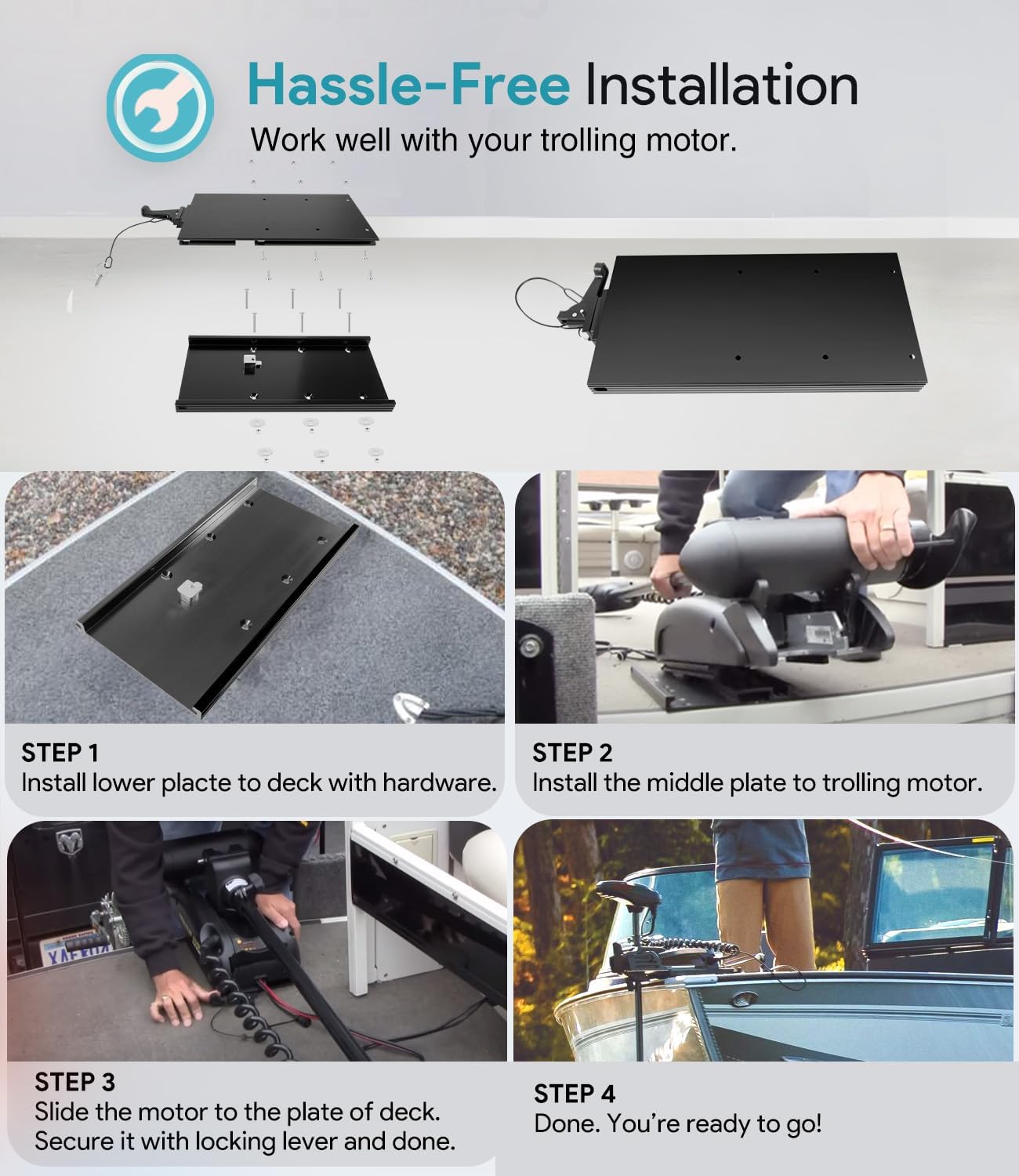 Black Aluminum 1854051 MKA-51 Electric Steer Trolling Motor Quick Release Bracket for Ulterra, Terrova, PowerDrive, PowerDrive V2 & DeckHand 40