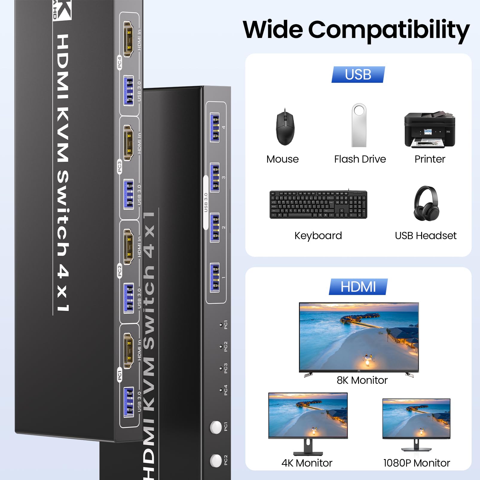 4 Port HDMI KVM Switch 4 PC 1 Monitore, 8K60Hz 4K120Hz USB 3.0 KVM Switches, Steuerung von 4 PCs mit 1 Monitor, Tastatur und Maus
