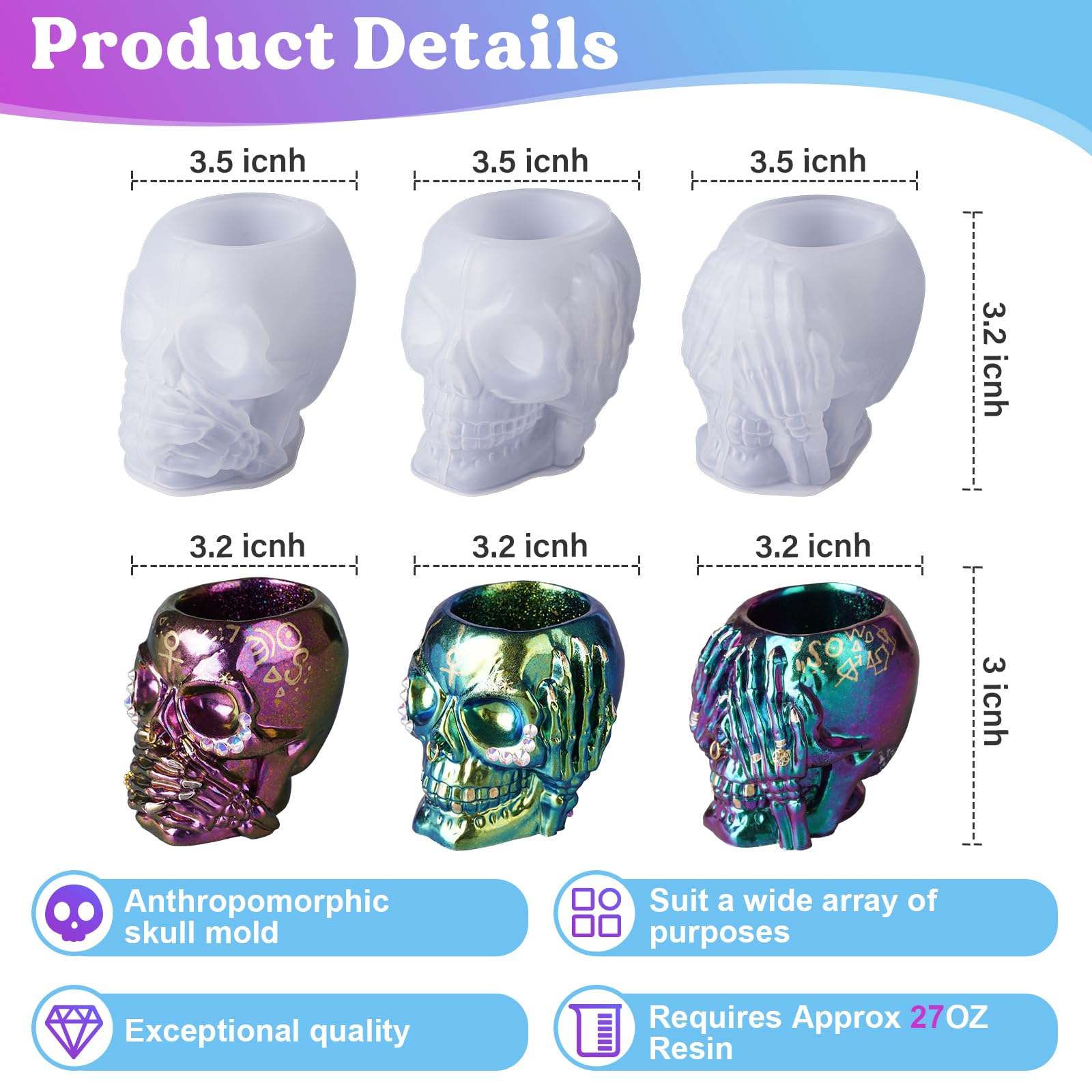 LET'S RESIN Skull Resin Molds, Hear-no, Speak-no - Image 3