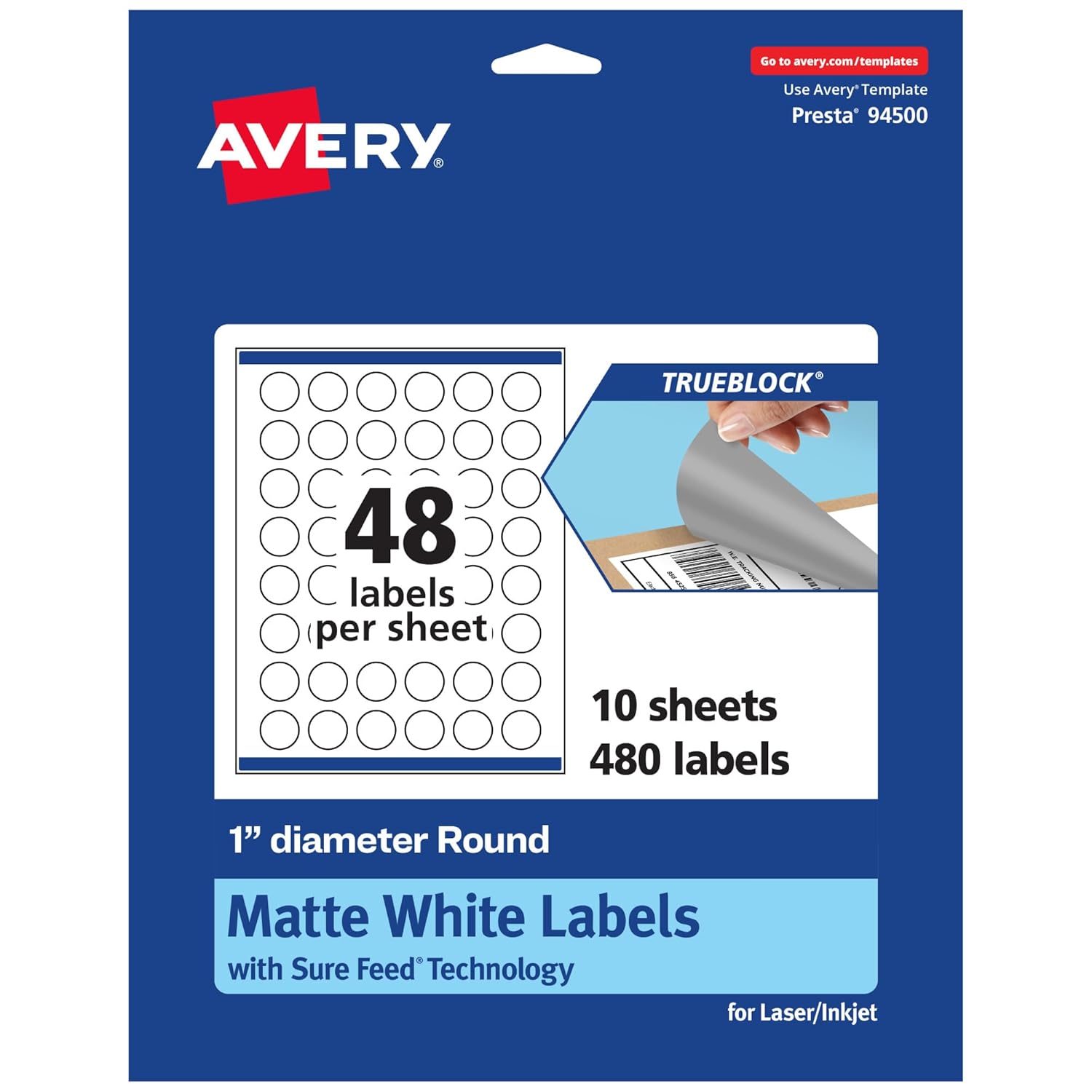 Avery TrueBlock Matte White Round Labels, Sure Feed Technology, 1" Diameter, 4,800 Matte White Labels, Print-to-The-Edge, Laser/Inkjet Printable, Great for Product Merchandising Stickers