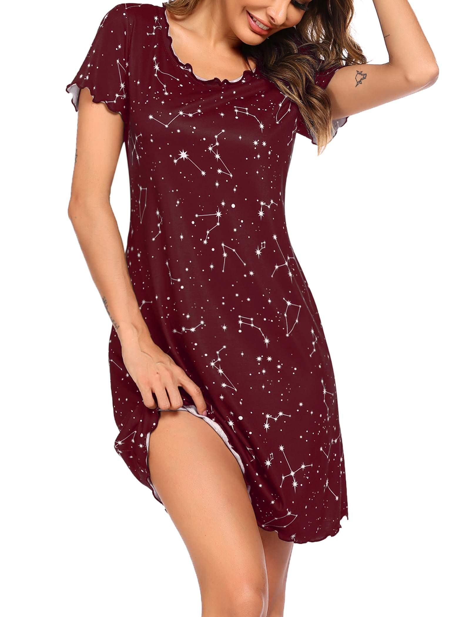 Ekouaer Women's Nightdress Short Sleeve Summer Sleepwear Nightdress Night Dress T-Shirt Sleepwear Sleep Shirt with Ruffles