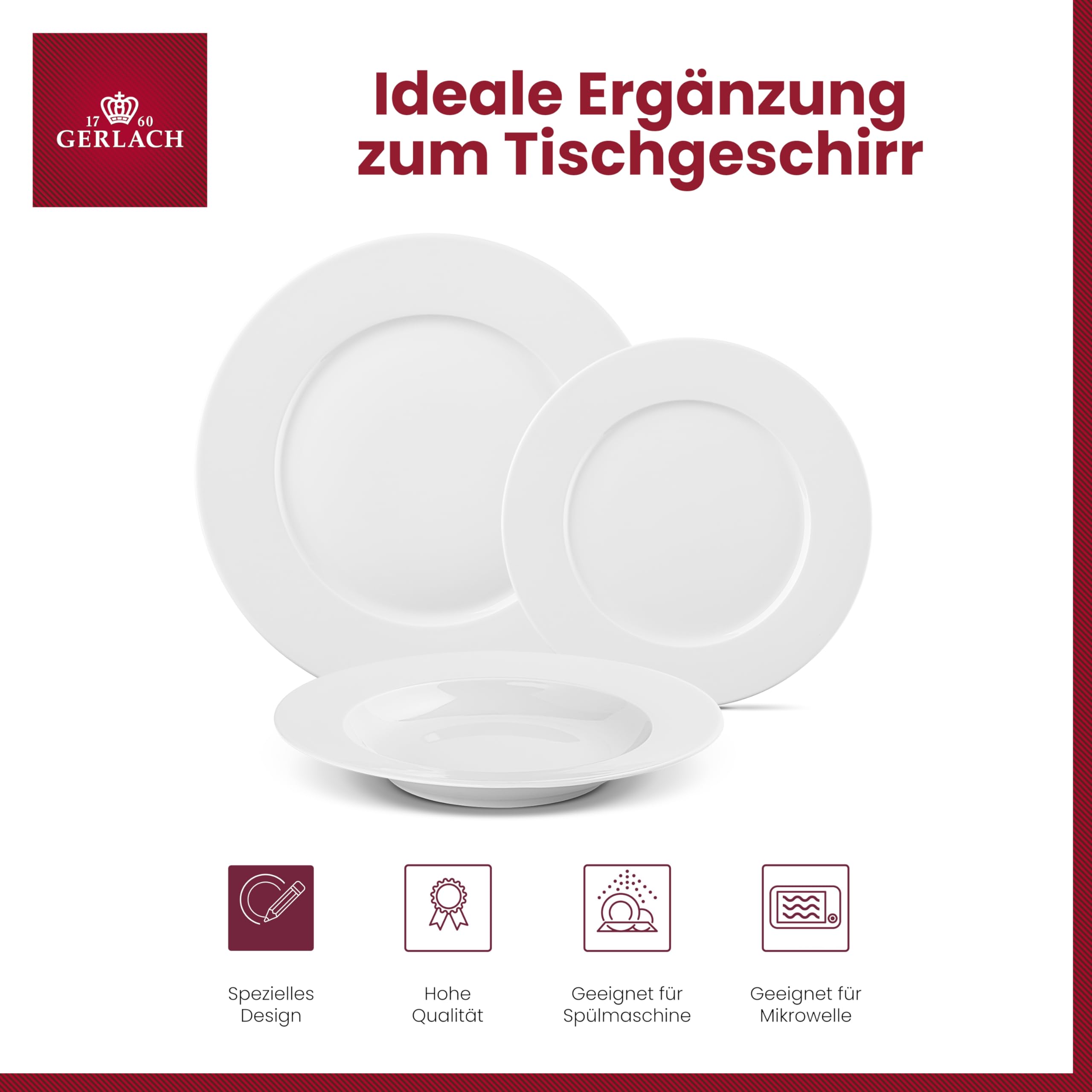 Gerlach 1760 Geschirrset - 18 Stück - Tafelservice 6 Personen - Teller Set - Porzellan Modern, Weiß