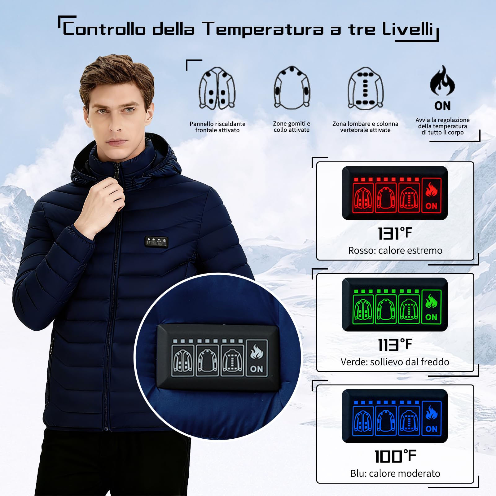 Giacca Riscaldato con Cappuccio, Giacca Invernale Uomo Donna Calda con 3 Livelli di Temperatura, Alimentazione a Batteria, Piumino Riscaldato per Caccia all'aperto in Campeggio