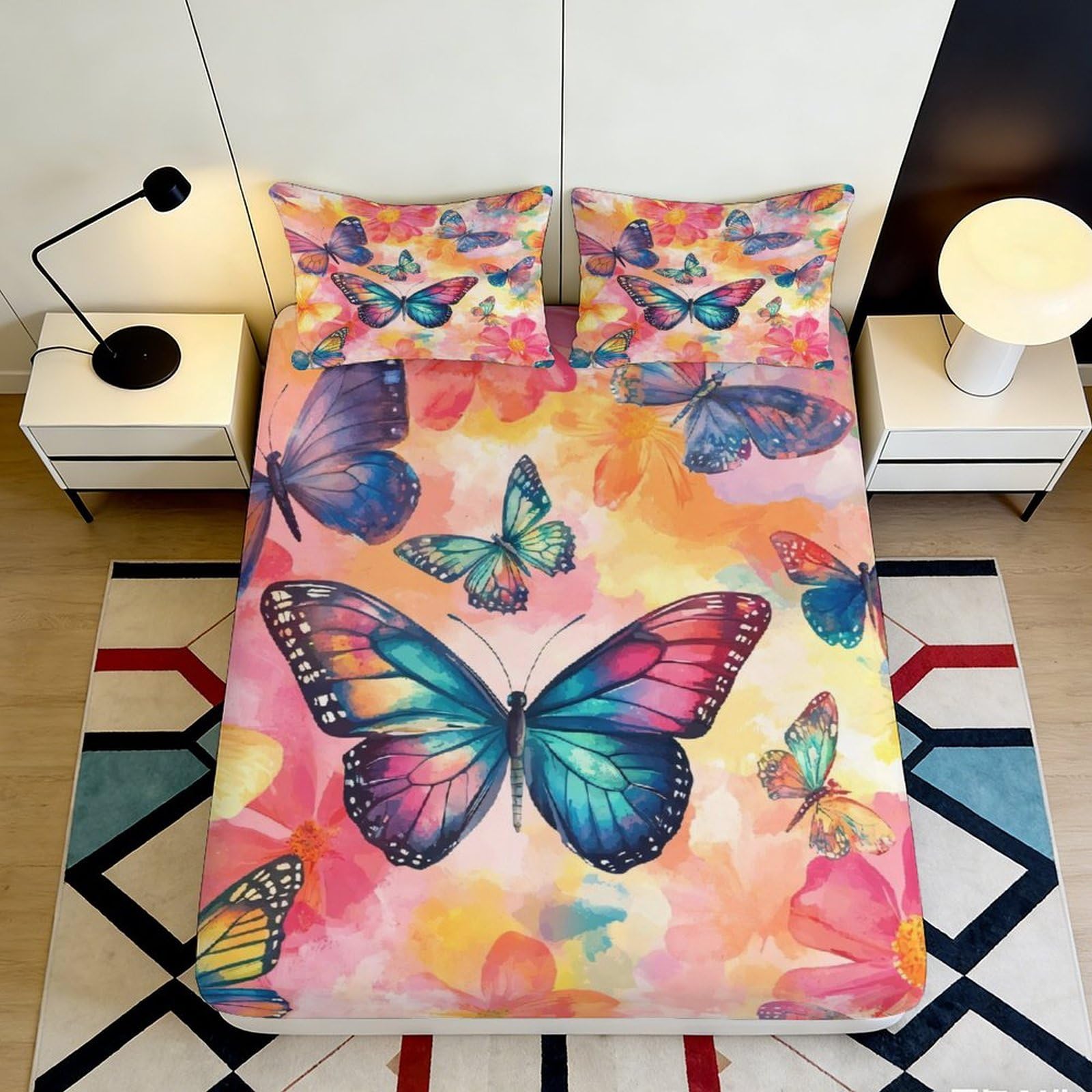 3D Printed Butterfly Fitted Sheet Microfiber Deep Pocket Non-Slip Bedroom Butterfly Mattress Fitted Cover for Adults Teens 200x200x25cm