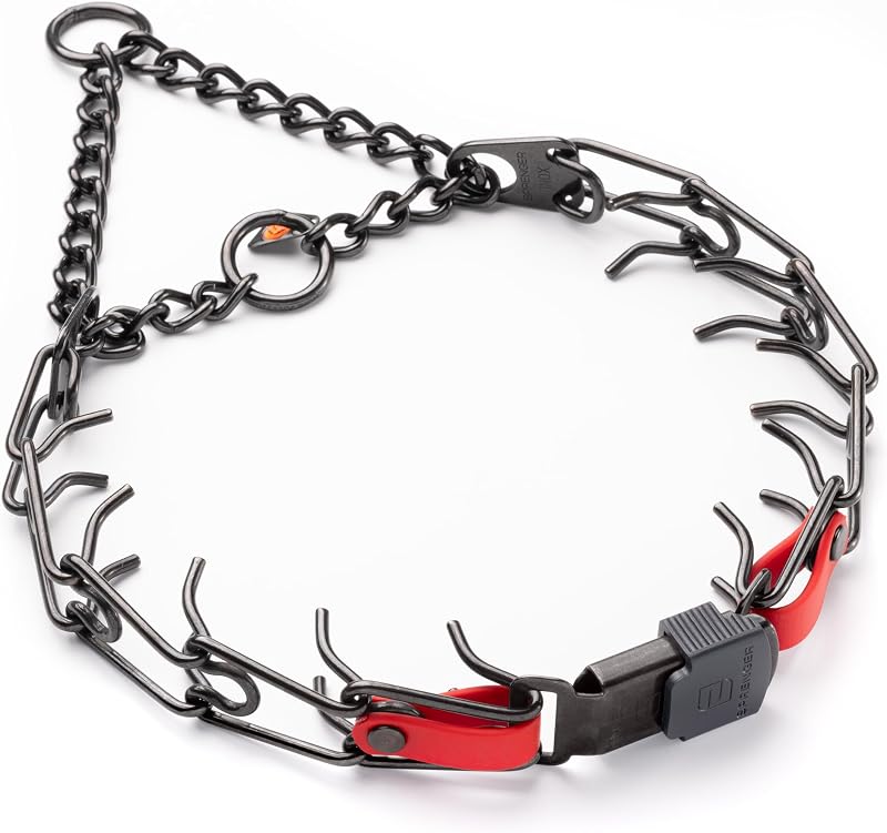 Coleira de Pinos para Cães Herm Sprenger em Aço Inoxidável Preto com Fivela ClicLock e Inserto Biothane Cherry Red, 58,42 cm x 3,2 mm