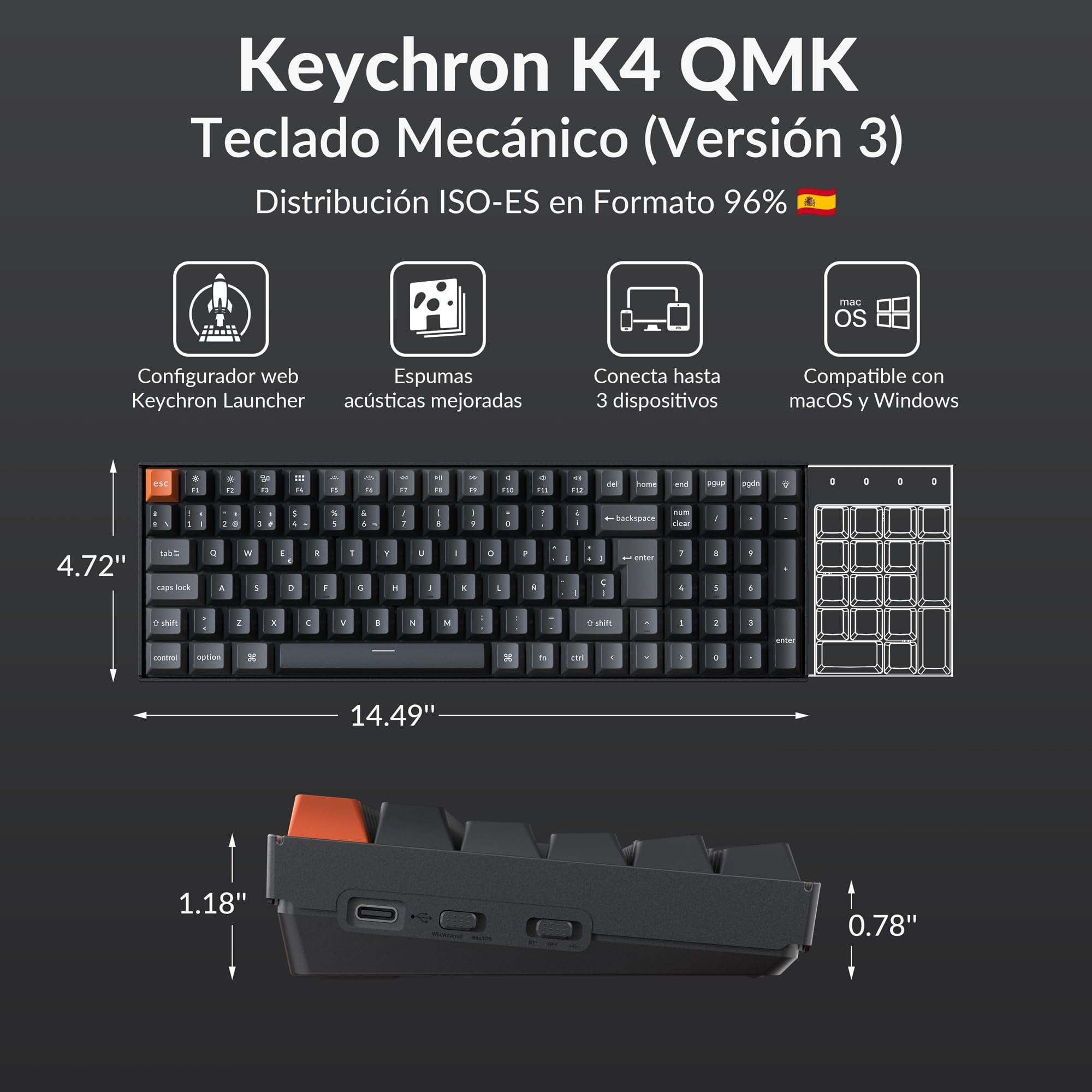 Keychron K4 QMK Teclado Mecánico 96% ISO-ES, Inalámbrico y con Cable, Interruptores Super Red, Teclas PBT Sublimadas Estilo Cherry, Retroiluminación Blanca, para Mac y Windows – Versión 3