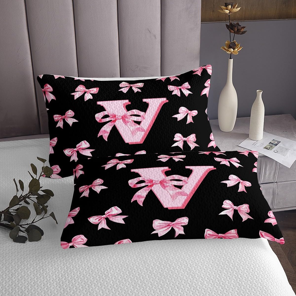 Erosebridal Cute Pink Bow Kids Bedspread Set Twin Size,Personalized Letter S Quilt Sets for Girls,Initial S Coquette Bow Coverlet Sets Preppy Monogrammed Bowknot Bed Set 2 Pcs