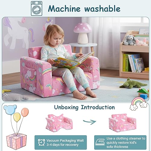 Miniatura 7 de Tiita Silla Sofá para Niños, Silla Cómoda Plegable para Niños Pequeños, Sofá de Felpa 2 en 1 Desplegable para Niños, Sofá con Reposabrazos de Bebé a