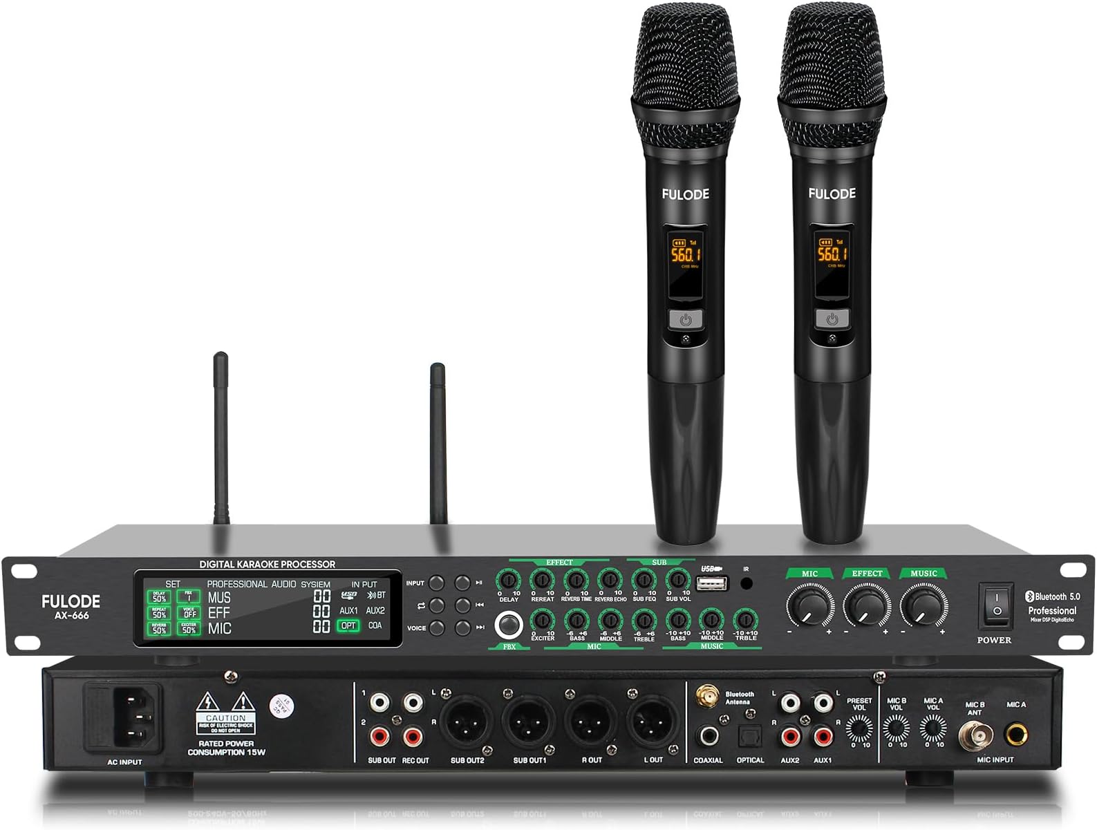AX-666 Professional Karaoke Processor KTV Mixer with Dual Wireless Microphones, Digital Pre-Stage Effector Audio Vocal Effects Processor System with DSP Anti-Howling USB MP3 Bluetooth Optical