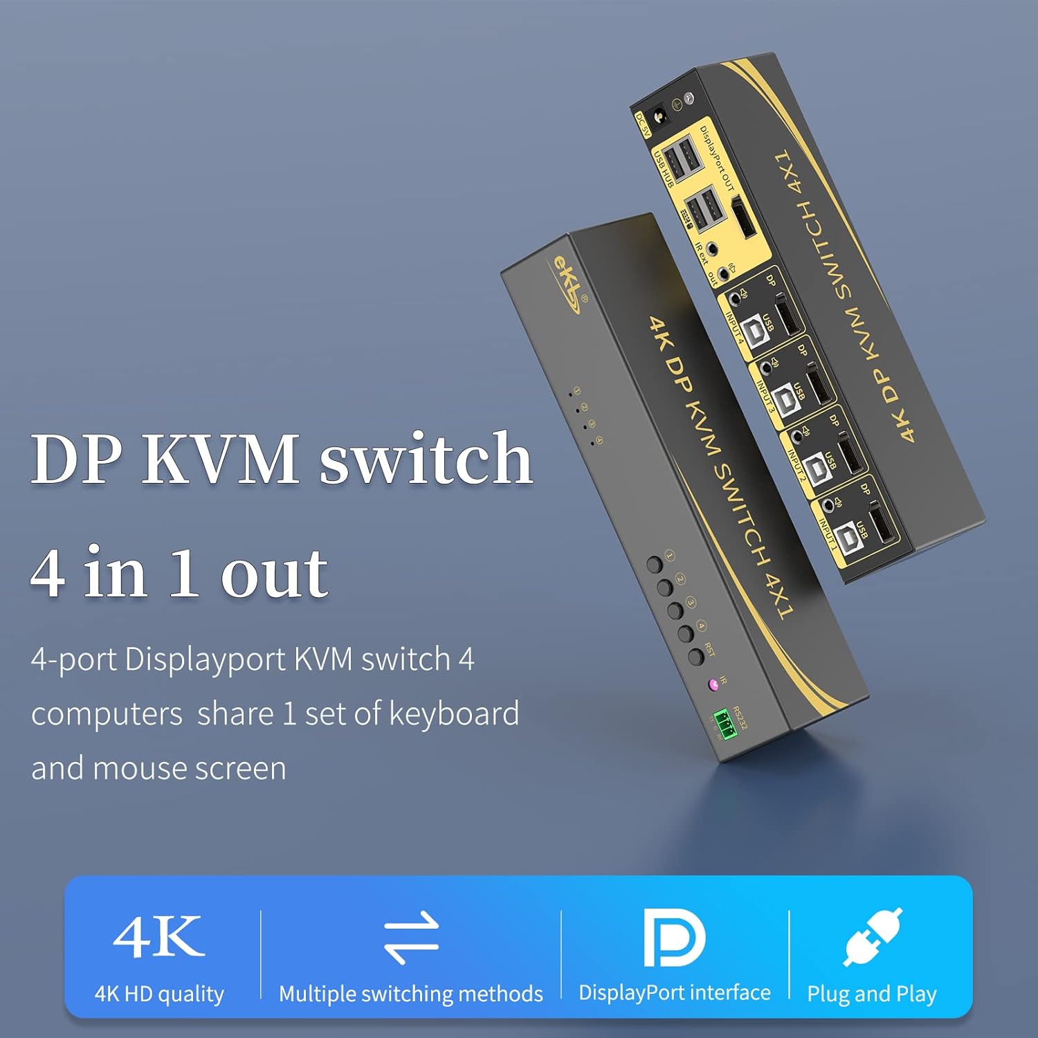 eKL KVM Switch Displayport 4 Port DP 1.2 4x1 Supports 4K@60Hz 4:4:4 hotkey Switching Audio 4 PCs Sharing One Set of Keyboard Mouse