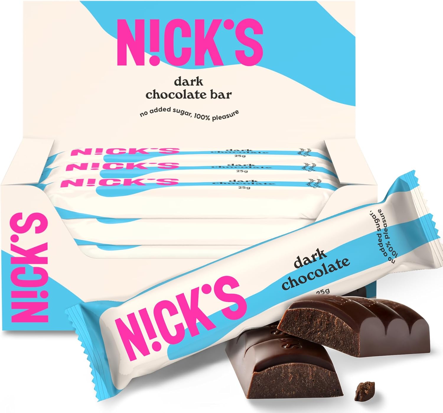 NICKS Cioccolato Fondente Vegan Barrette Keto Senza Zucchero Aggiunto, 1.1g Carboidrati Netti, 107 Calorie, Dolci Low Carb Snack Bar Senza Glutine Senza Lattosio (15 Dark Chocolate x 25g)